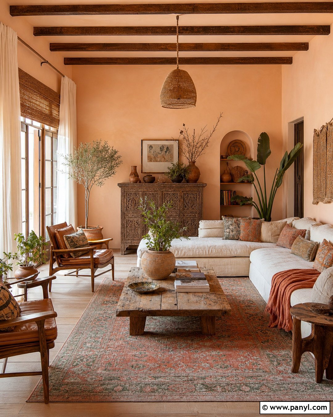 Light Apricot Boho Living Room With Terracotta Accents - 20 Light Apricot Wall Color Ideas