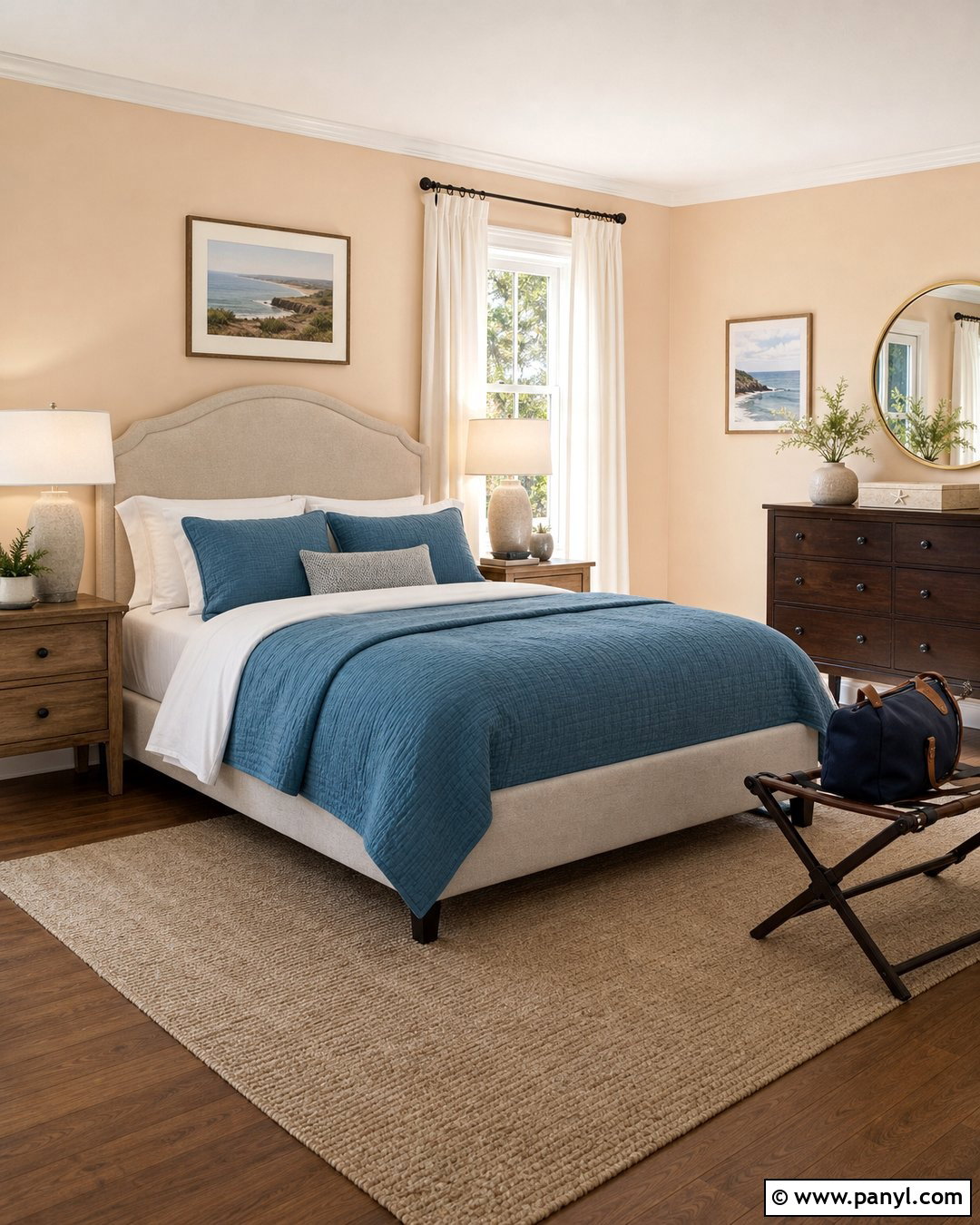 Light Apricot Guest Room With Blue Bedding - 20 Light Apricot Wall Color Ideas