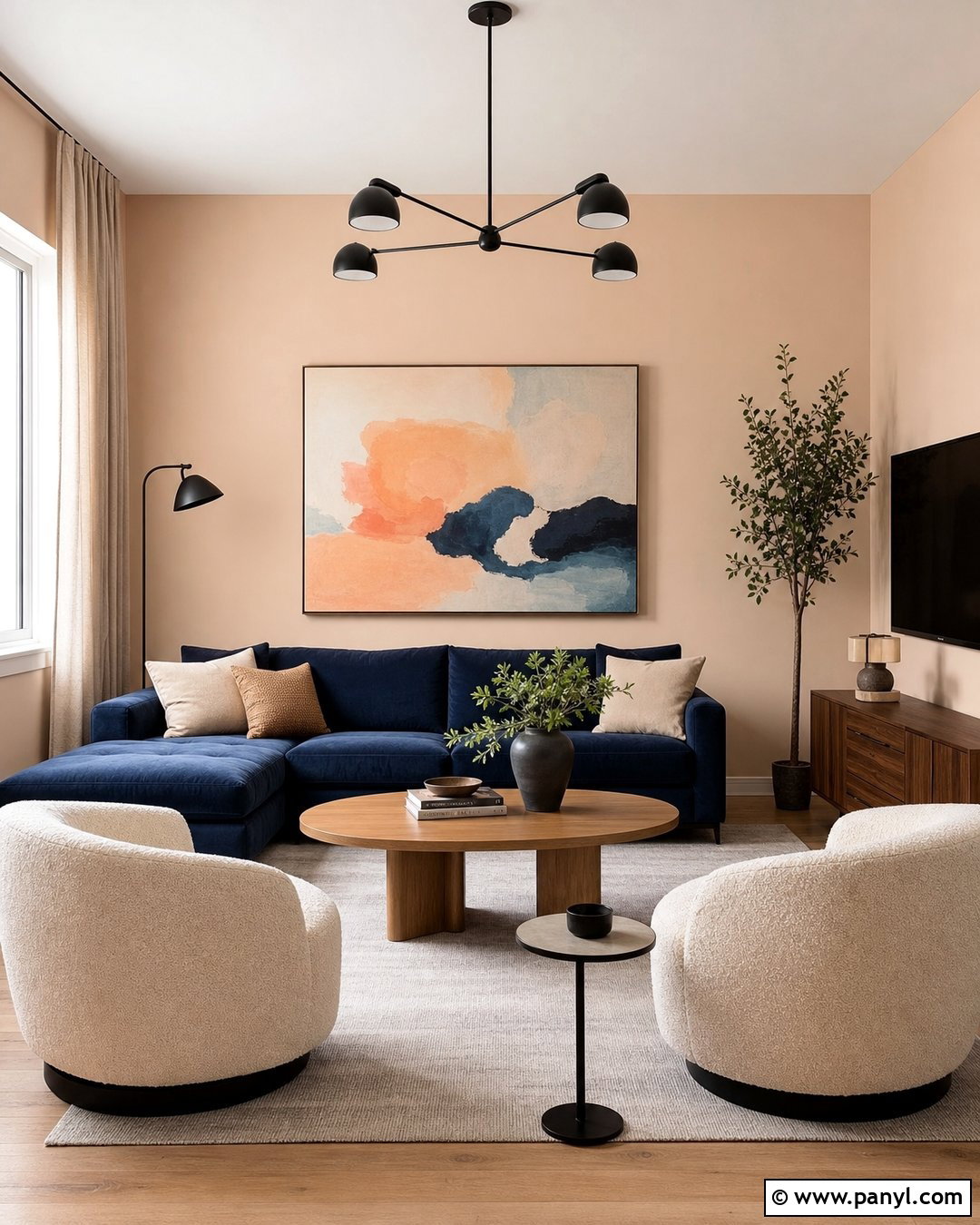 Light Apricot Living Room With Navy Sofa - 20 Light Apricot Wall Color Ideas
