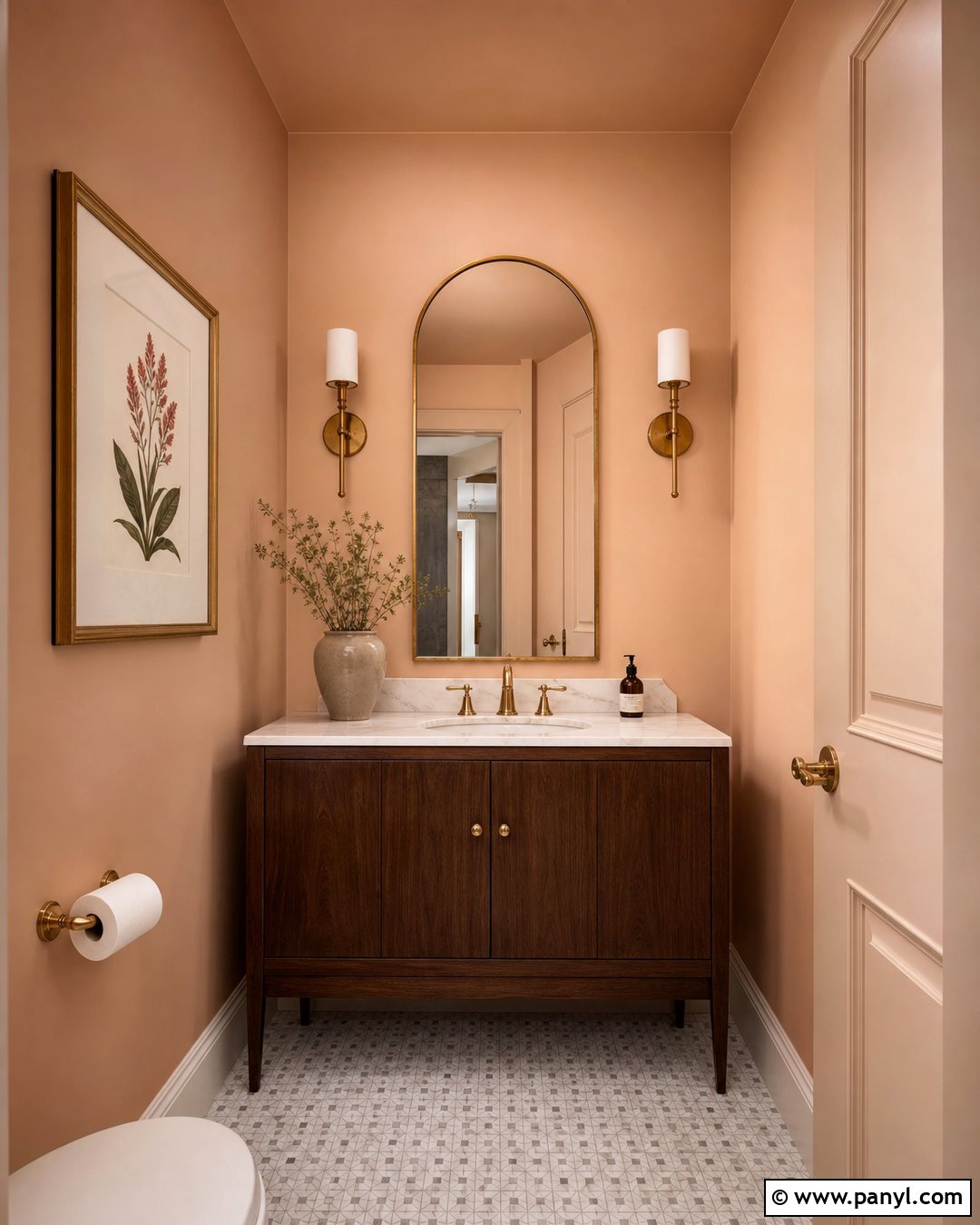 Light Apricot Powder Room With Brass Details - 20 Light Apricot Wall Color Ideas
