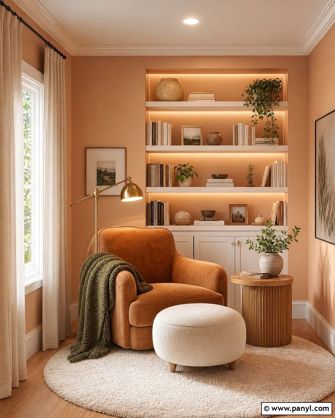Light Apricot Reading Nook With Built-In Shelves - 20 Light Apricot Wall Color Ideas