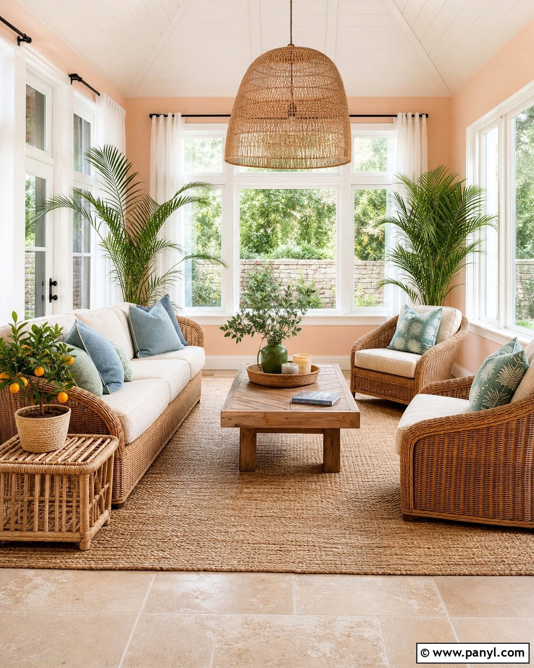 Light Apricot Sunroom With Rattan Furniture - 20 Light Apricot Wall Color Ideas