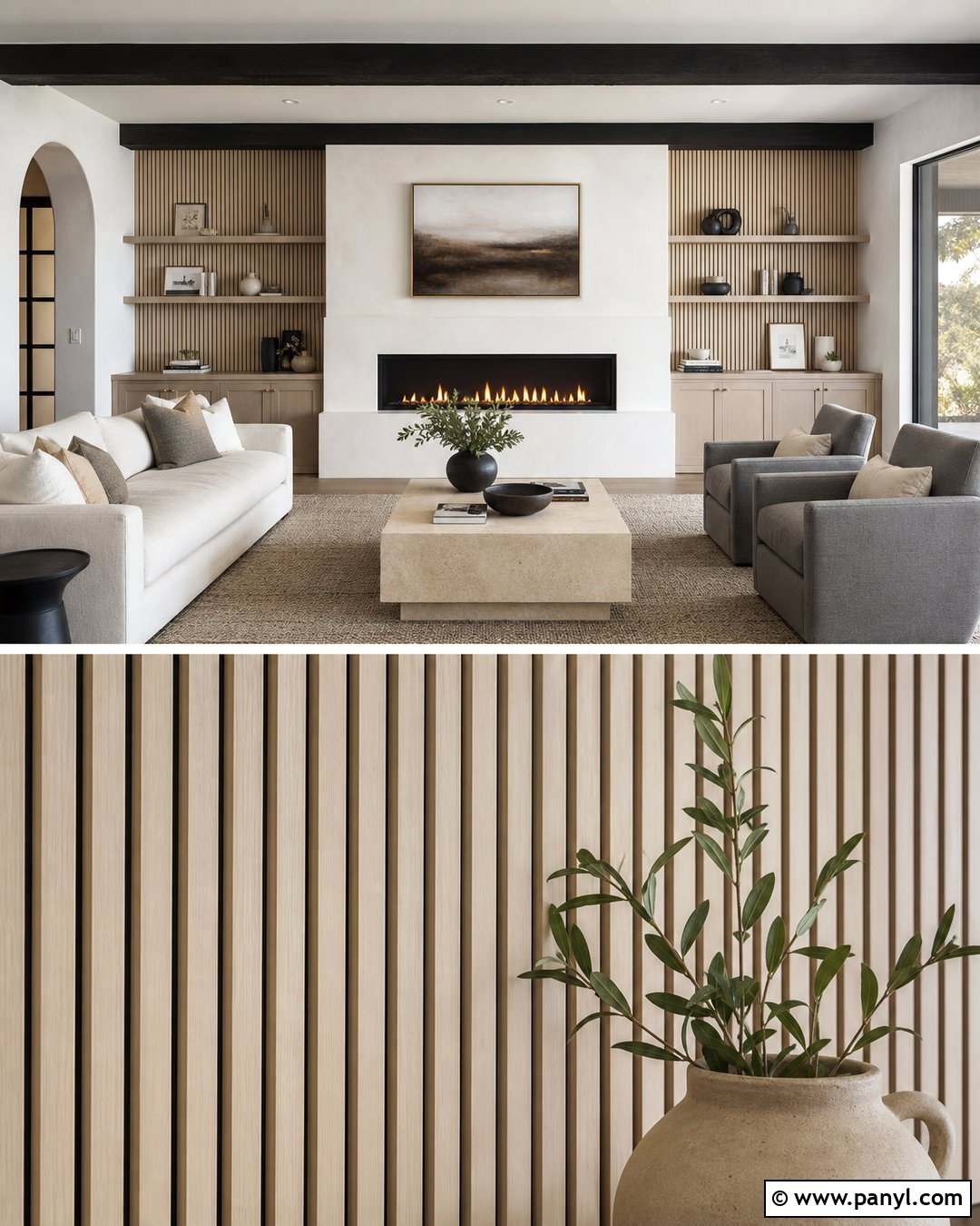 Light Ash Slat Wall Fireplace - 20 Neutral Color Slat Wall Ideas