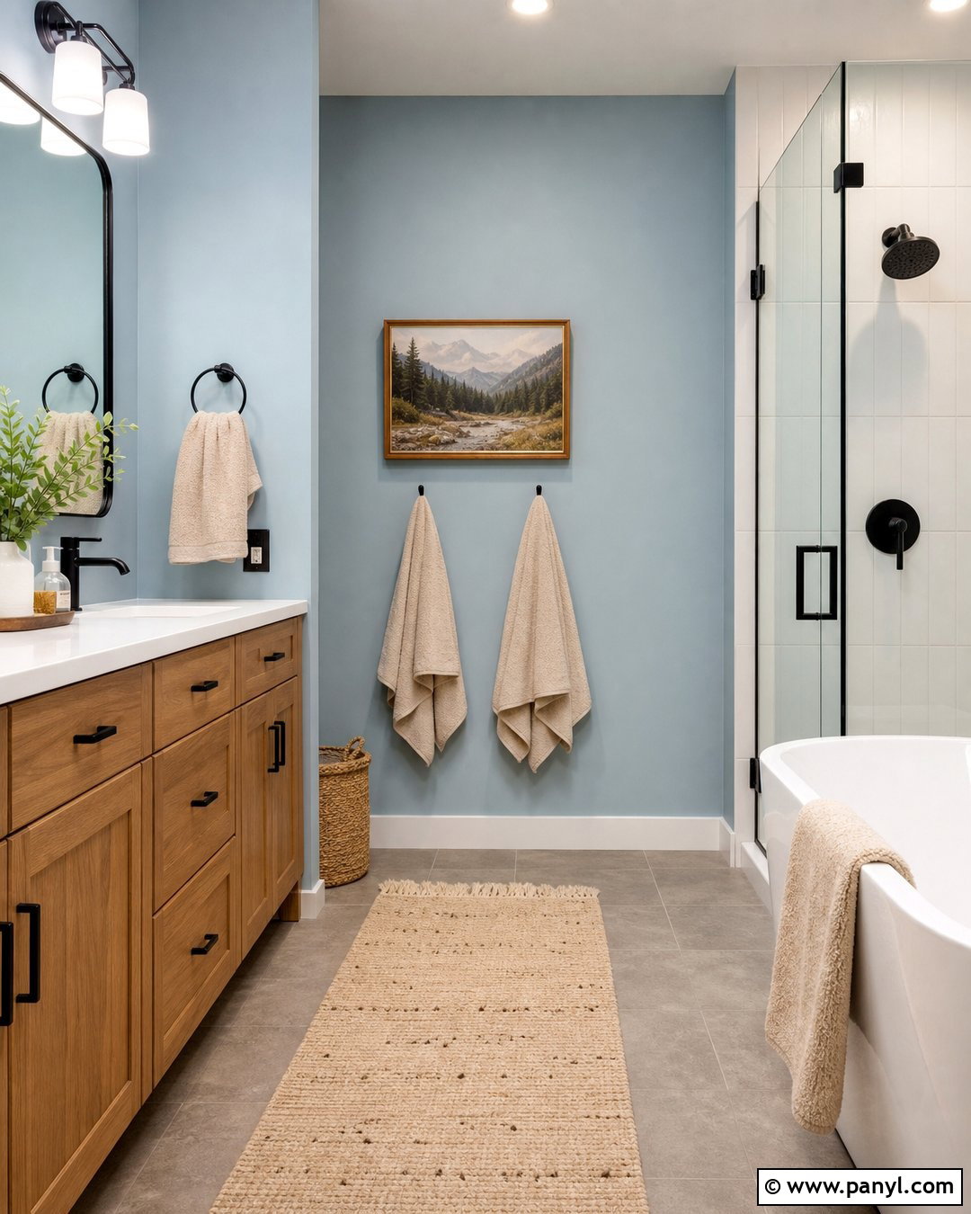 Light Blue Bathroom Walls With a Wood Vanity - 35 light blue bathroom walls