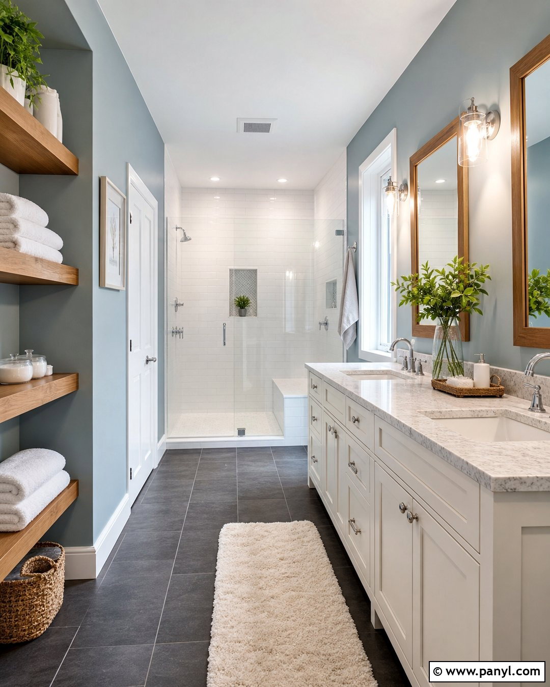 Light Blue Bathroom With Charcoal Tile Floors - 20 Light Blue Walls With Dark Floors