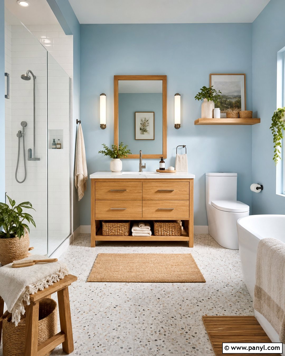 Light Blue Bathroom With Natural Wood Accents - 25 Bathroom With Light Blue Walls
