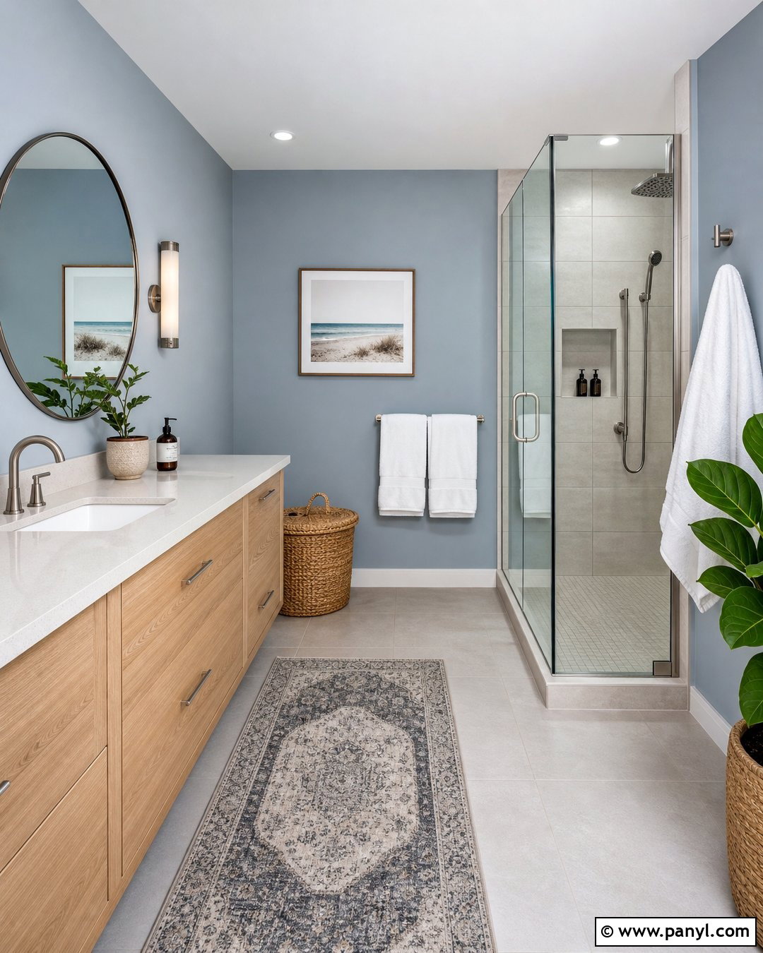 Light Blue Bathroom With Natural Wood Vanity - 35 Light Blue Wall Color Ideas