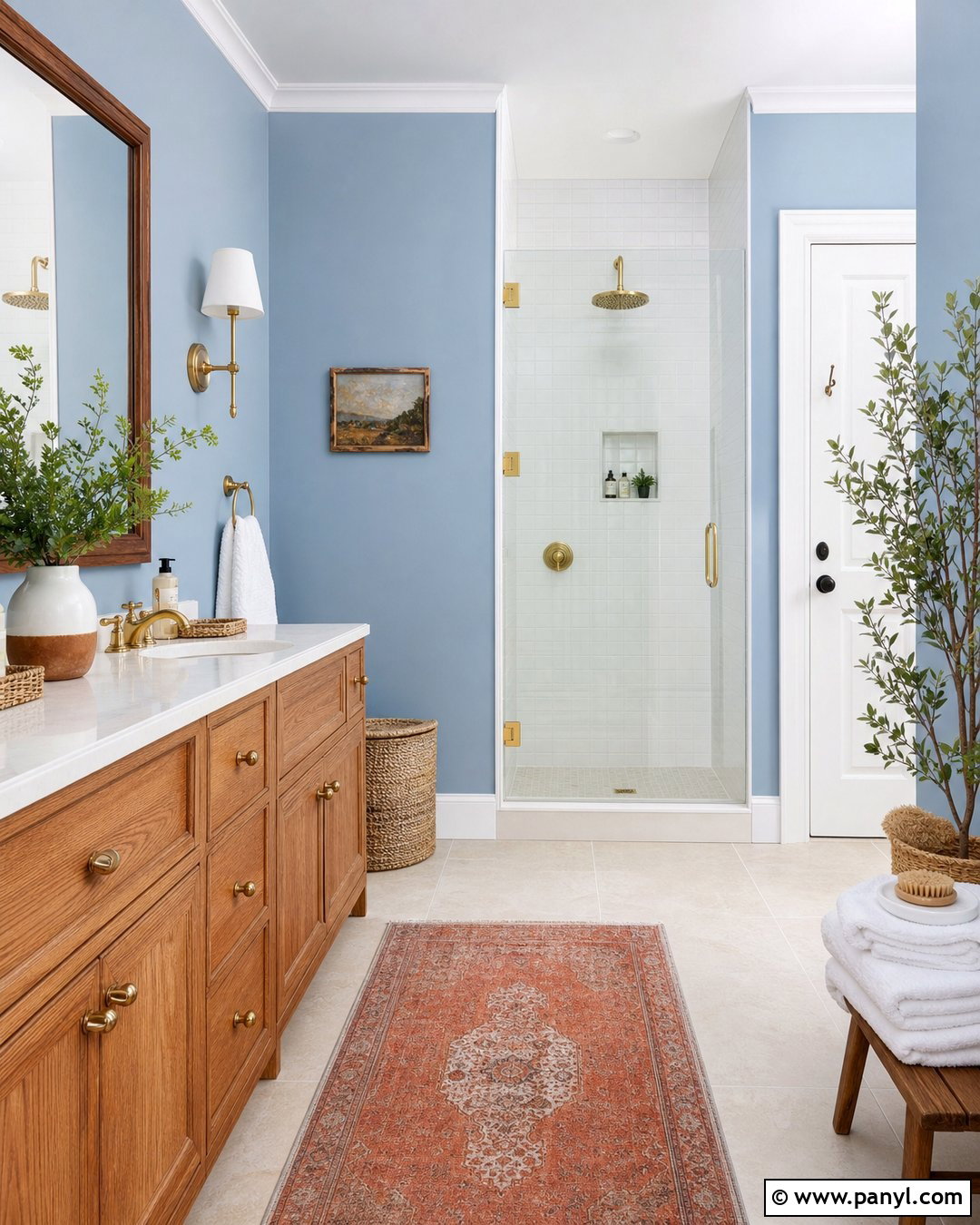 Light Blue Bathroom With Warm Wood Vanity - 20 Cozy Bathroom With Blue Walls