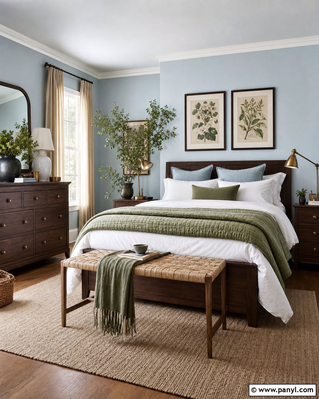 Light Blue Bedroom With Brown Furniture And Sage Green - 20 Light Blue Walls With Dark Brown Furniture Ideas