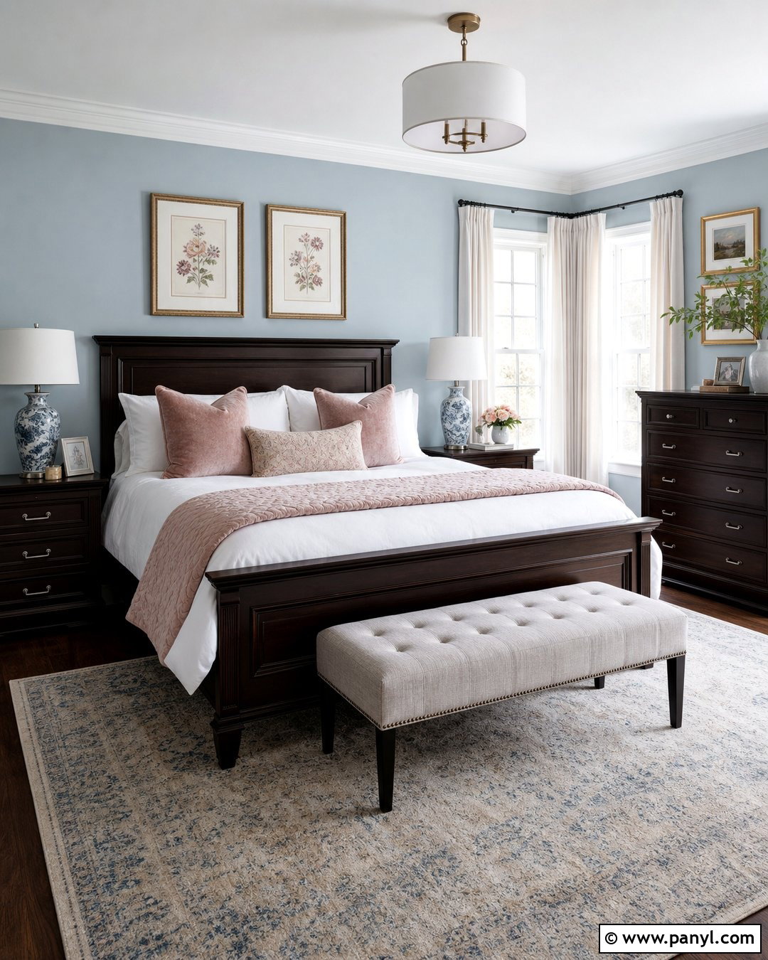 Light Blue Bedroom With Dark Brown Furniture And Blush Accents - 20 Light Blue Walls With Dark Brown Furniture Ideas