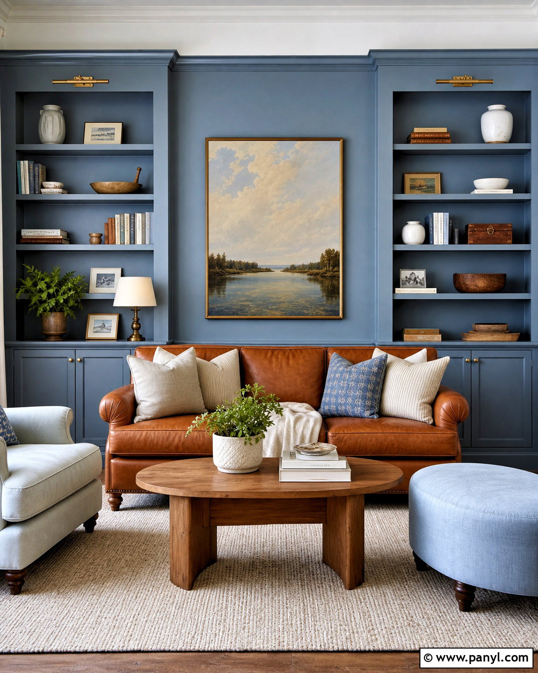 Light Blue Built-Ins With Cognac Seating - 20 light blue and brown living room ideas