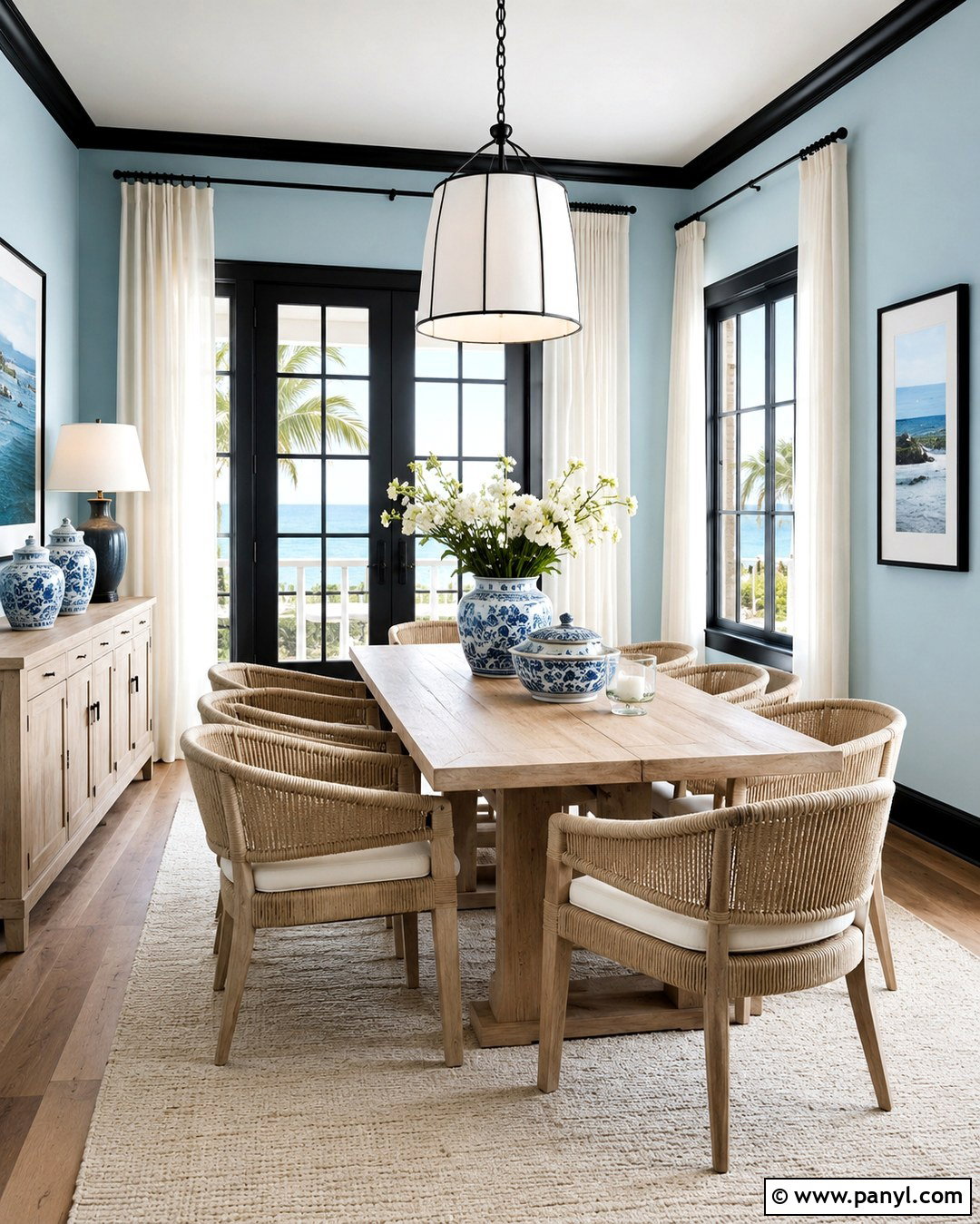 Light Blue Coastal Dining Room With Black Trim - 20 Light Blue Walls With Black Trim Ideas