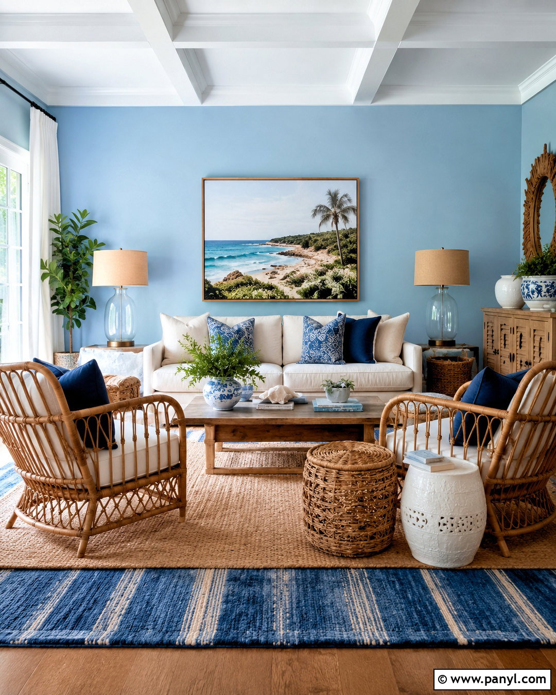 Light Blue Coastal Room With Brown Rattan Furniture - 20 light blue walls brown furniture ideas