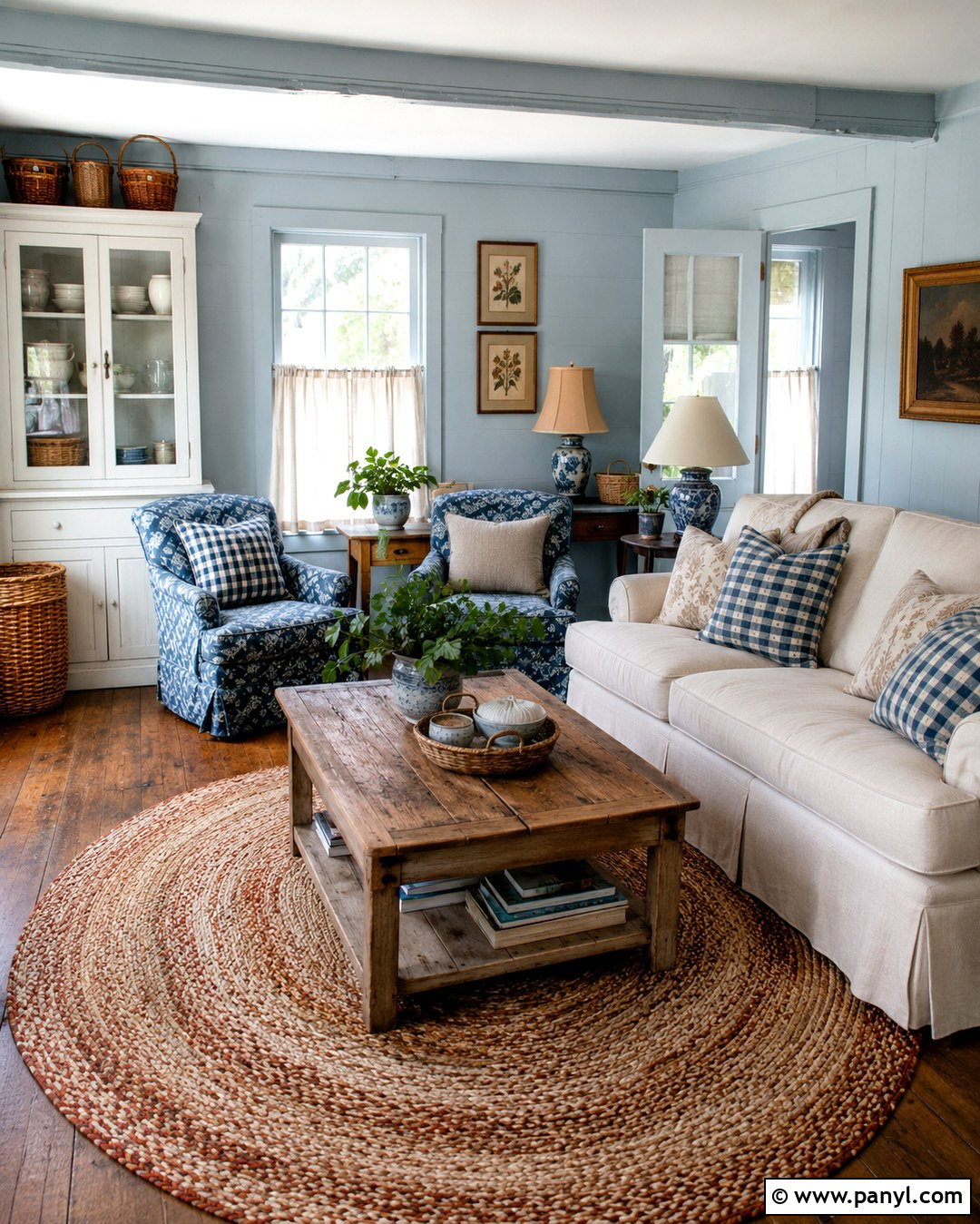Light Blue Cottage Room With Dark Pine Floors - 20 Light Blue Walls Dark Wood Floor Ideas