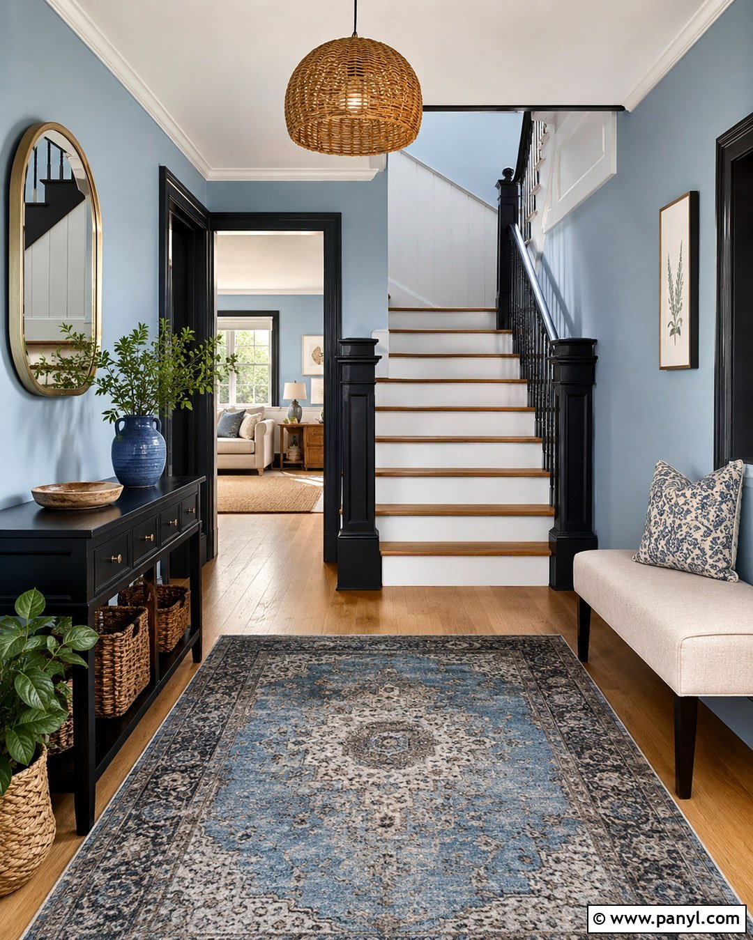 Light Blue Entryway With Black Stair Trim - 20 Light Blue Walls With Black Trim Ideas