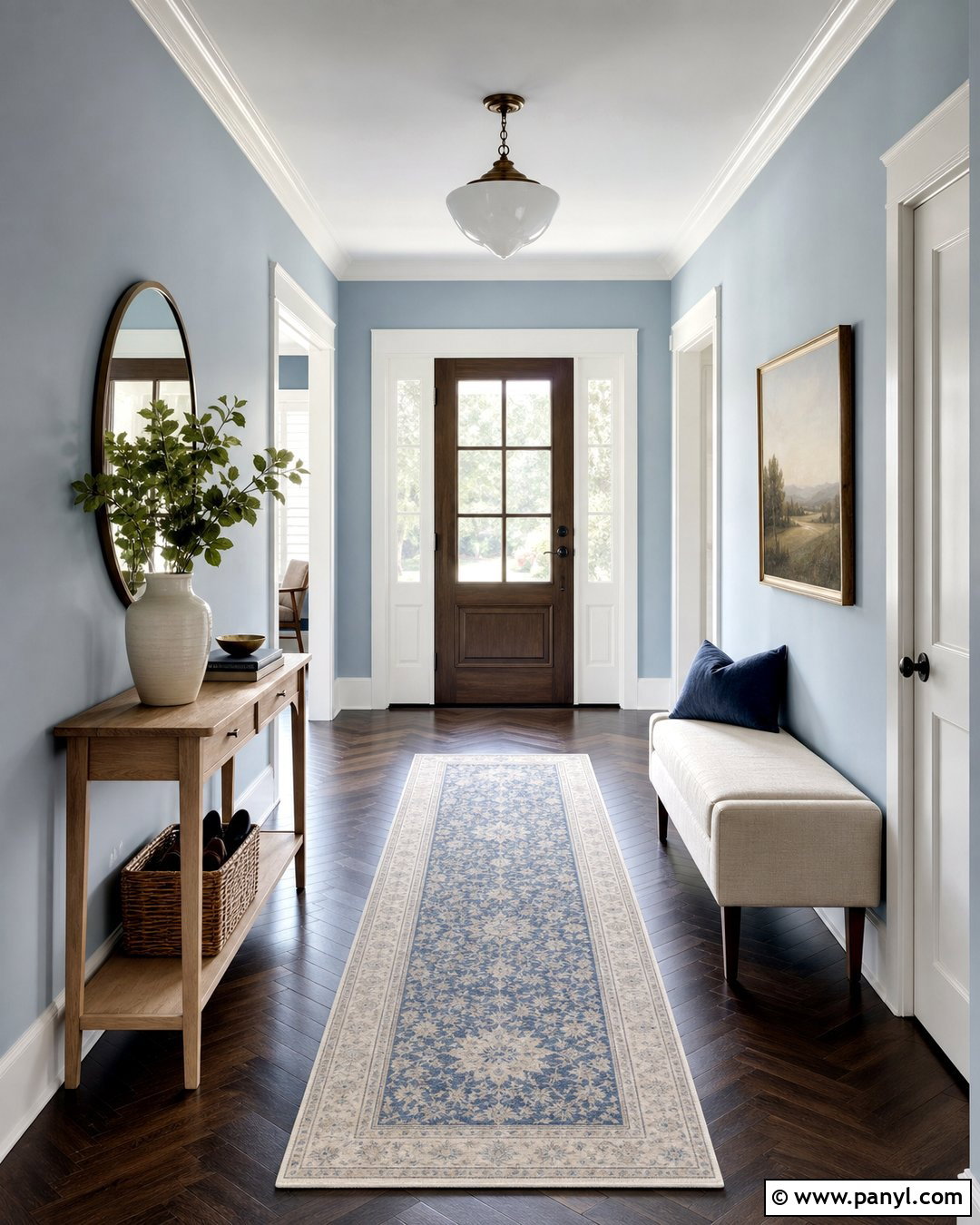 Light Blue Entryway With Dark Herringbone Floors - 20 Light Blue Walls With Dark Floors