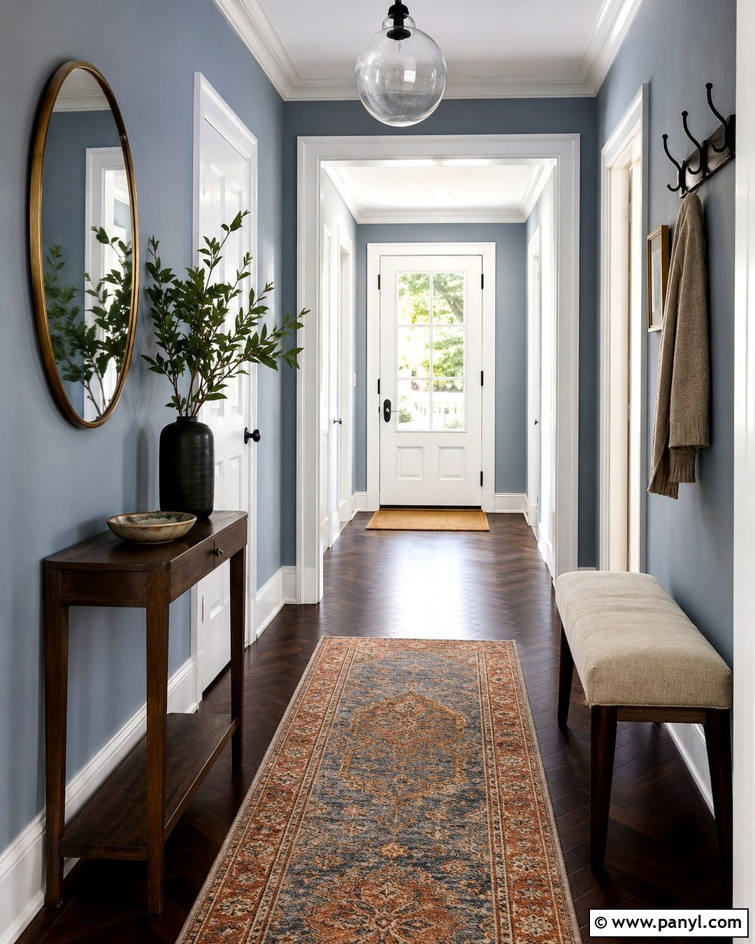 Light Blue Entryway With Dark Herringbone Floors - 20 Light Blue Walls Dark Wood Floor Ideas