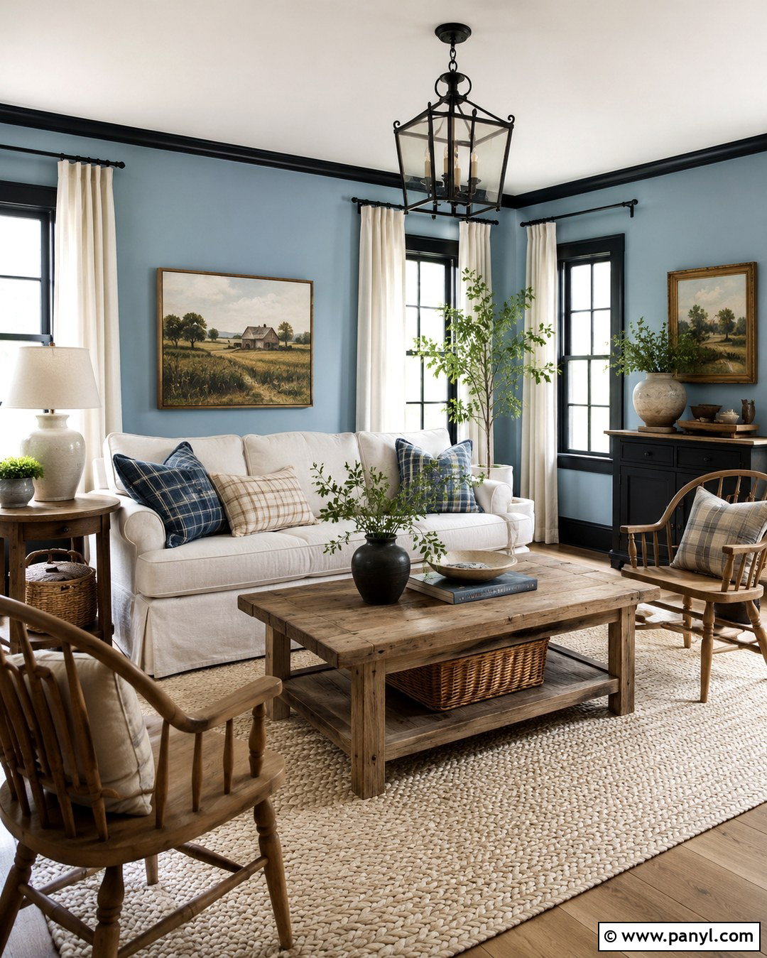 Light Blue Farmhouse Living Room With Black Trim - 20 Light Blue Walls With Black Trim Ideas