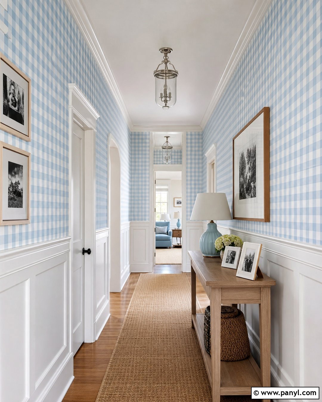 Light Blue Gingham Painted Hallway Walls - 30 Gingham Painted Walls