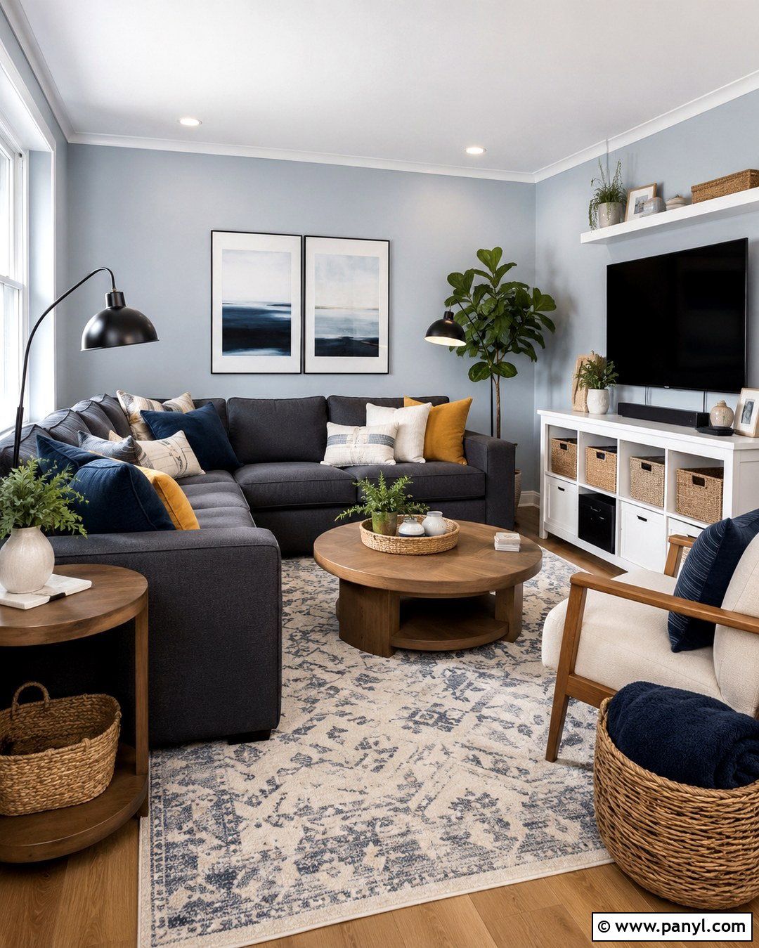 Light Blue Gray Family Room With Charcoal Sofa - 20 Light Blue Gray Wall Color Ideas