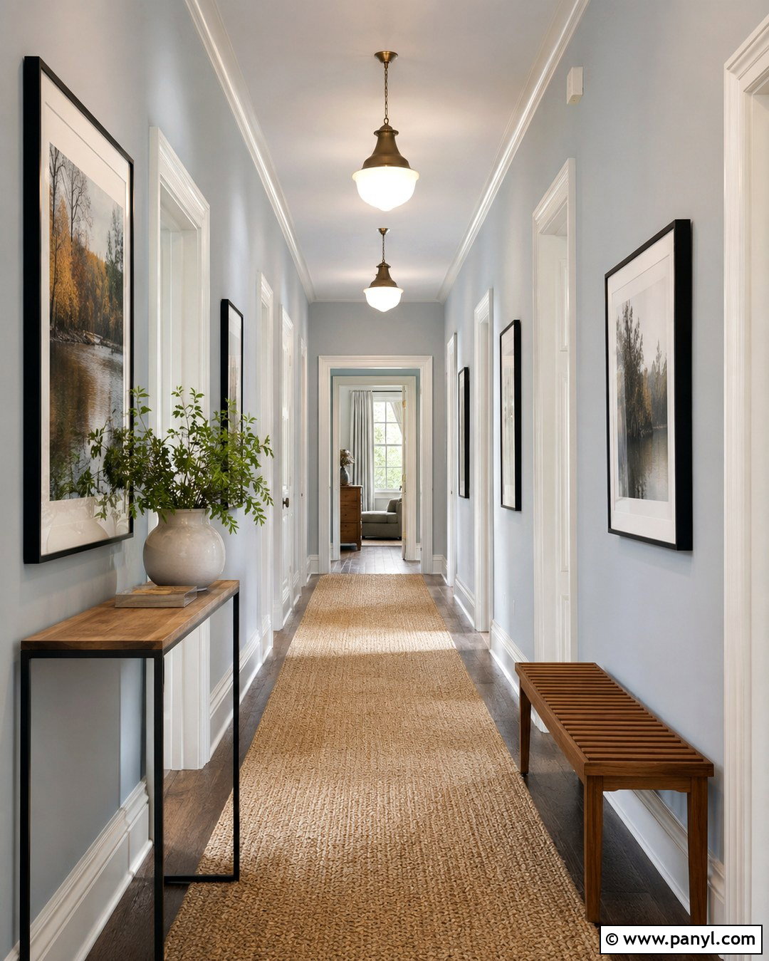 Light Blue Gray Hallway With Picture Frames - 20 Light Blue Gray Wall Color Ideas