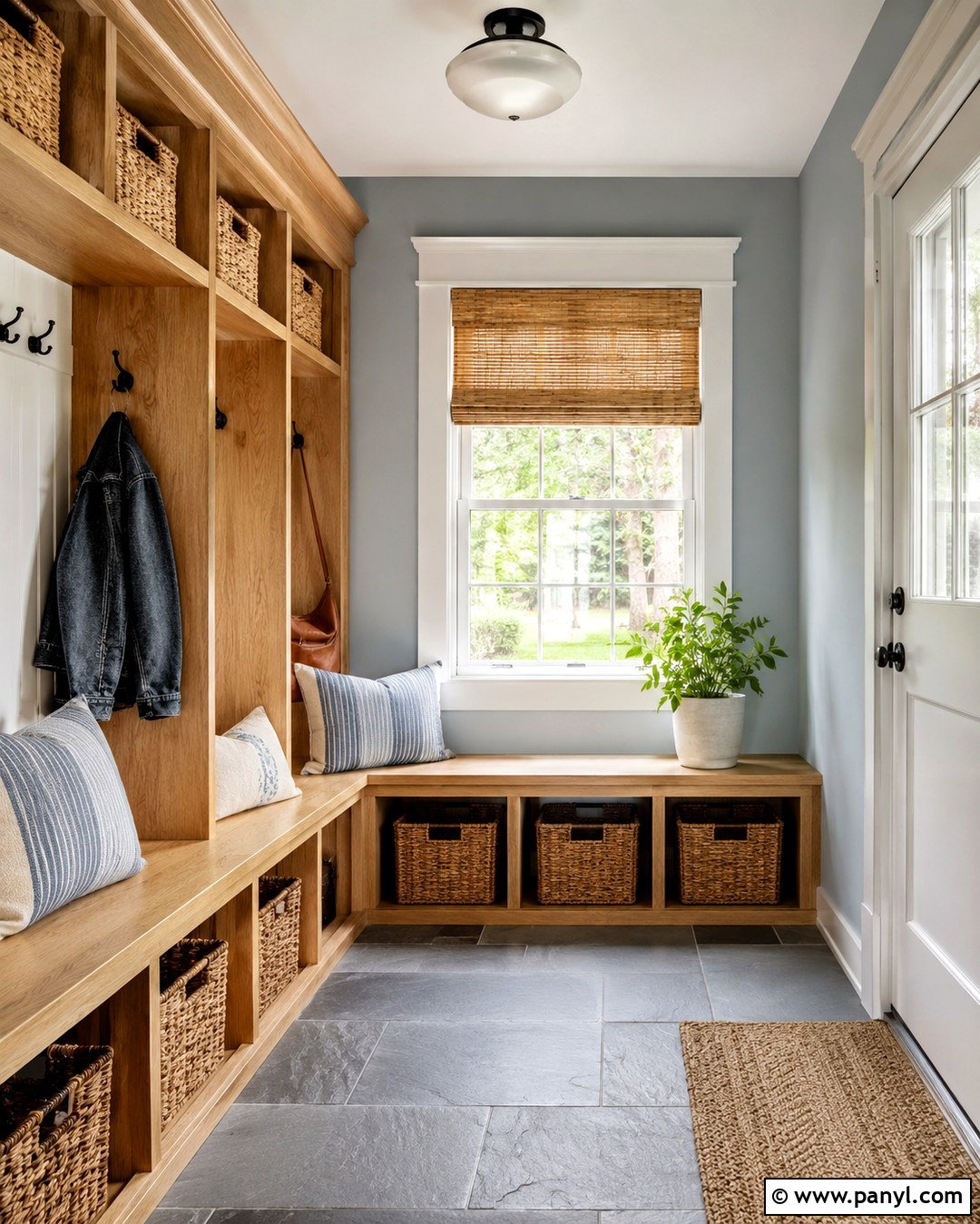Light Blue Gray Mudroom With Oak Storage - 20 Light Blue Gray Wall Color Ideas