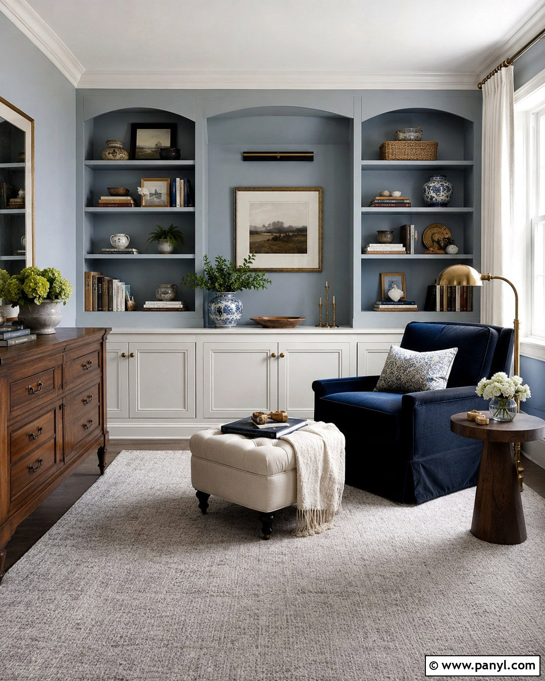Light Blue Gray Reading Room With Built-In Shelves - 20 Light Blue Gray Wall Color Ideas