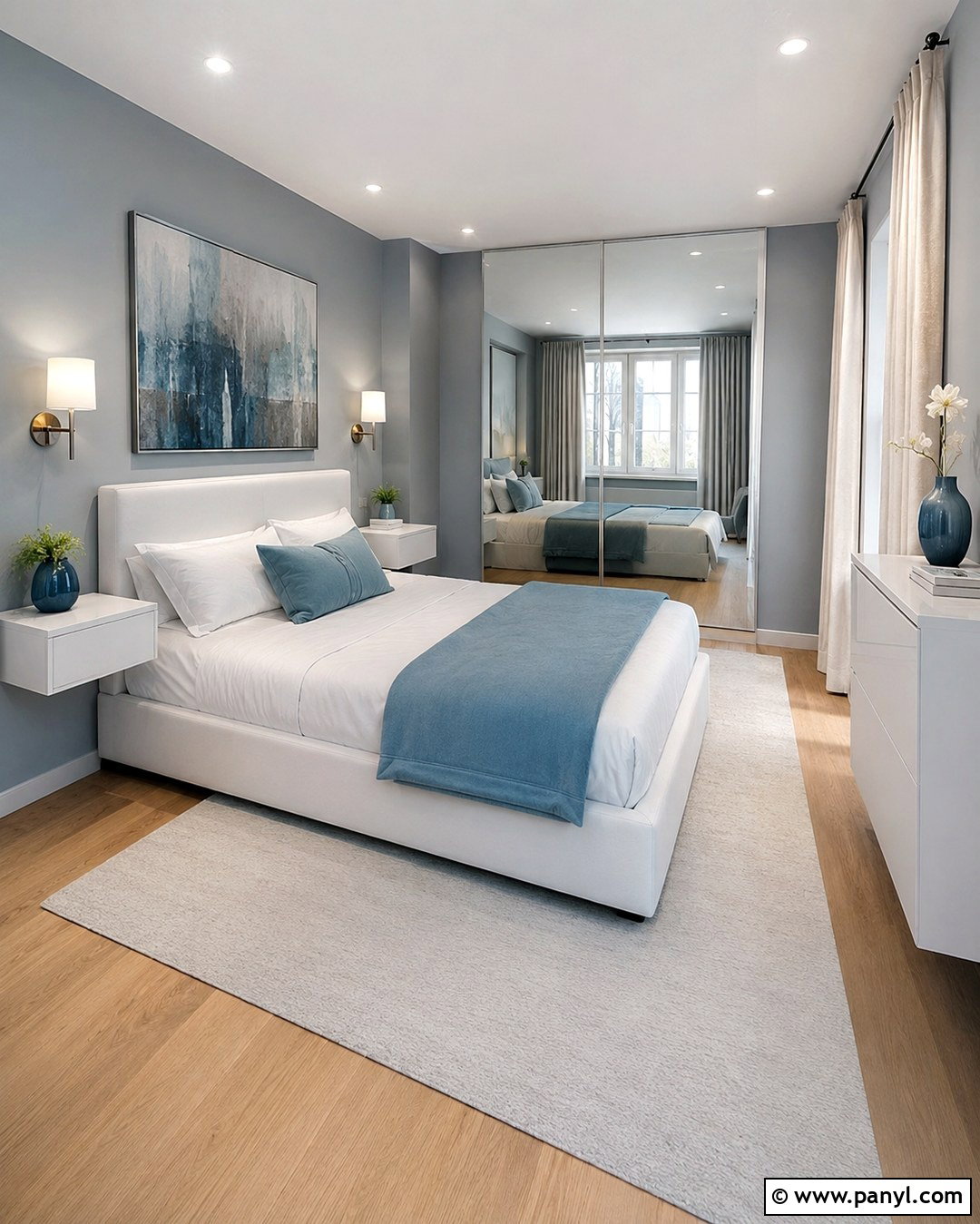 Light Blue Gray Small Bedroom With Mirrors - 20 Light Blue Gray Wall Color Ideas