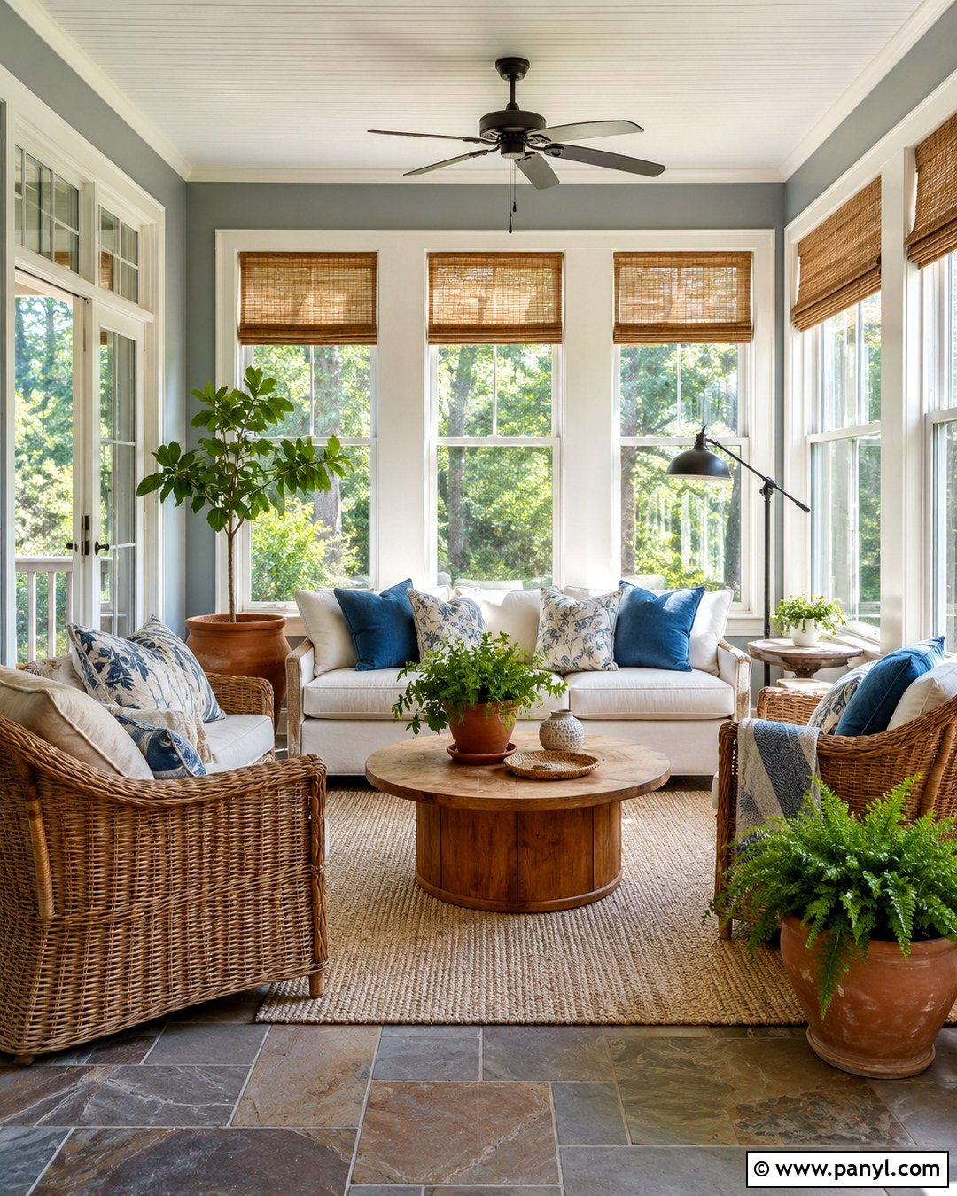 Light Blue Gray Sunroom With Wicker Furniture - 20 Light Blue Gray Wall Color Ideas