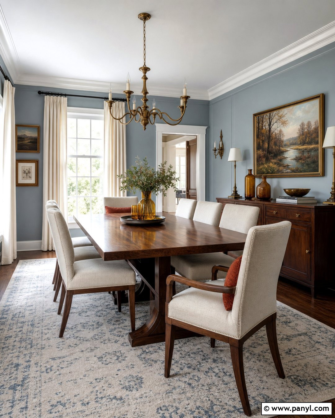 Light Blue-Grey Dining Room Walls With Walnut Furniture - 20 Light Blue-Grey Walls