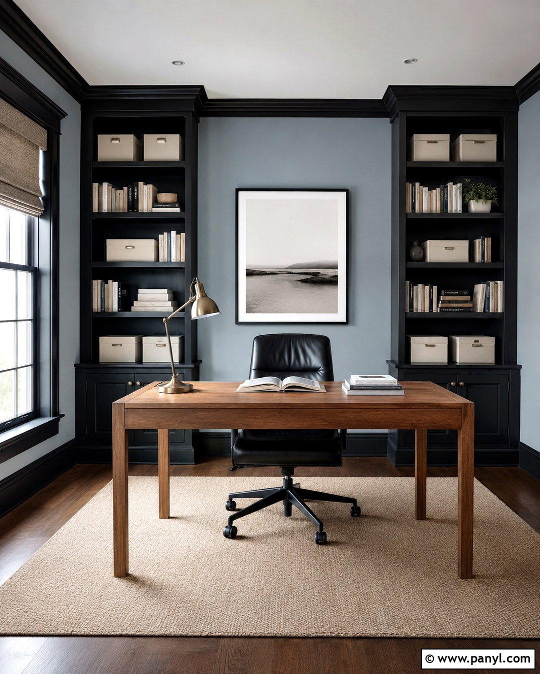 Light Blue Home Office With Black Built-In Trim - 20 Light Blue Walls With Black Trim Ideas