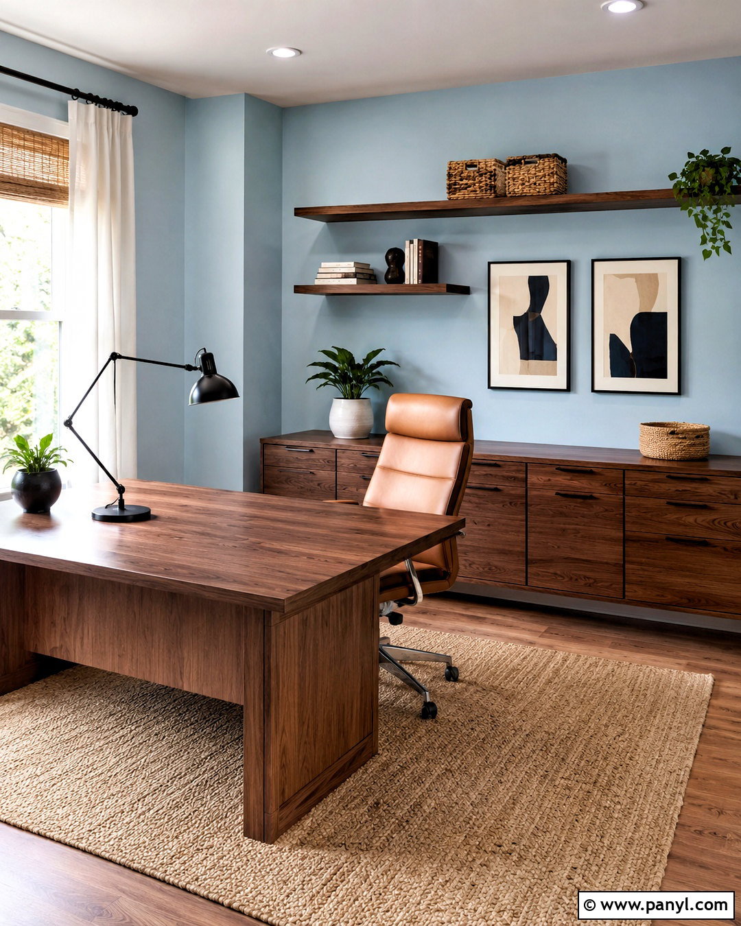 Light Blue Home Office With Brown Wood Desk - 20 light blue walls brown furniture ideas