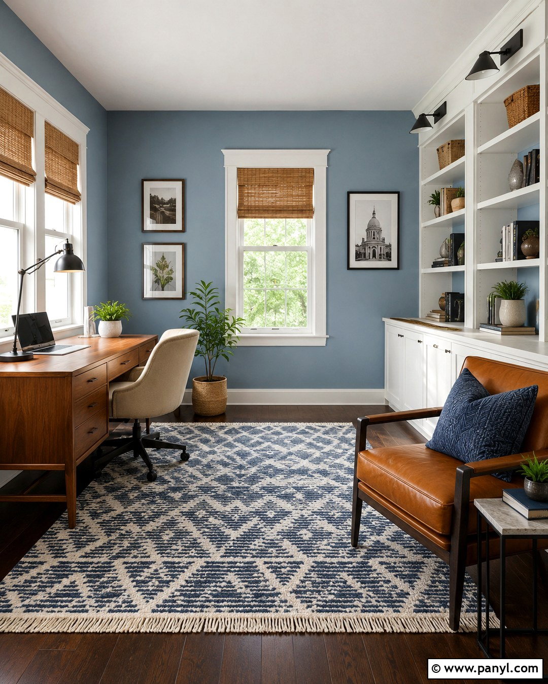 Light Blue Home Office With Dark Oak Floors - 20 Light Blue Walls Dark Wood Floor Ideas