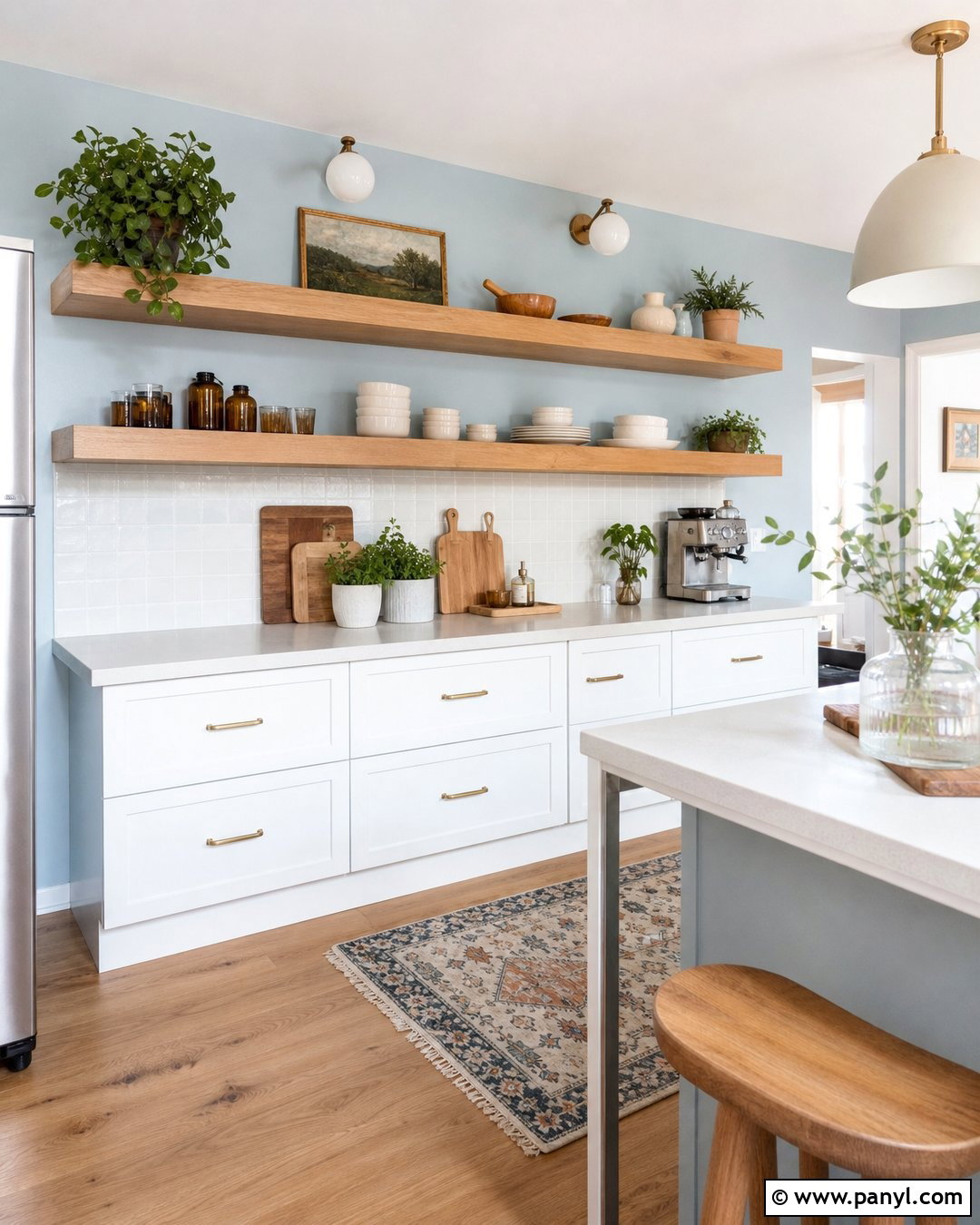 Light Blue Kitchen Walls With Oak Shelves - 25 Light Blue Walls Kitchen Ideas
