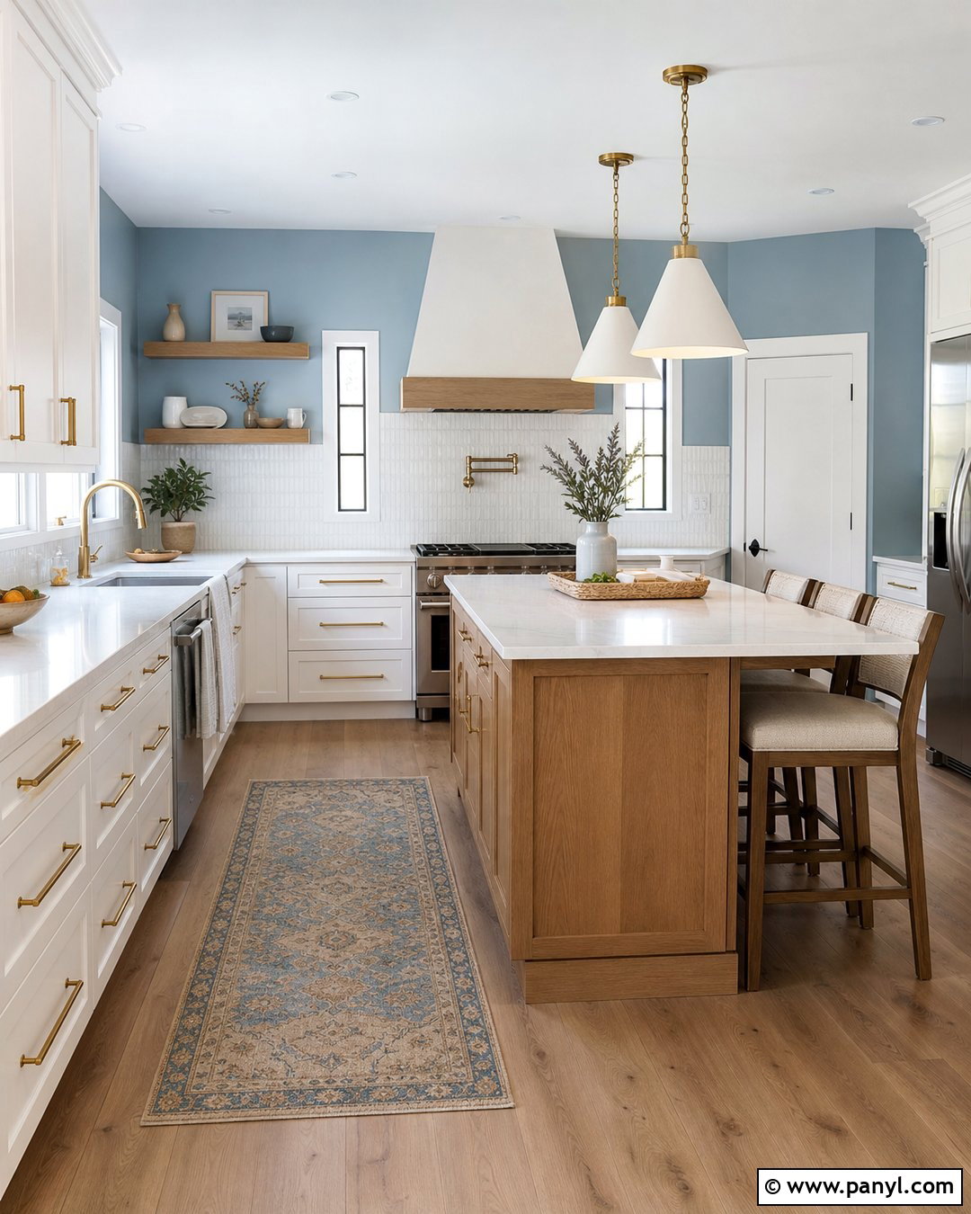 Light Blue Kitchen Walls With a Wood Island - 25 Light Blue Walls Kitchen Ideas