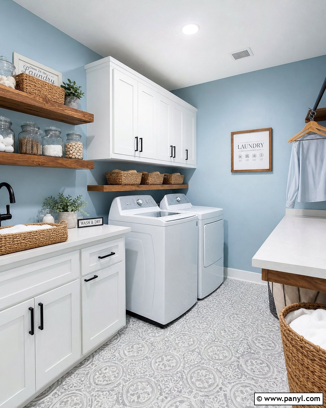 Light Blue Laundry Room With Wood Shelves - 35 Light Blue Wall Color Ideas