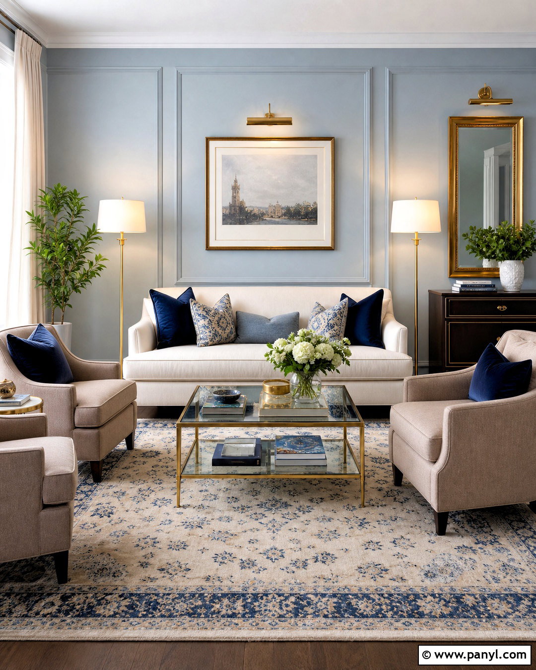 Light Blue Living Room Walls With Brass Accents - 20 light blue living room walls
