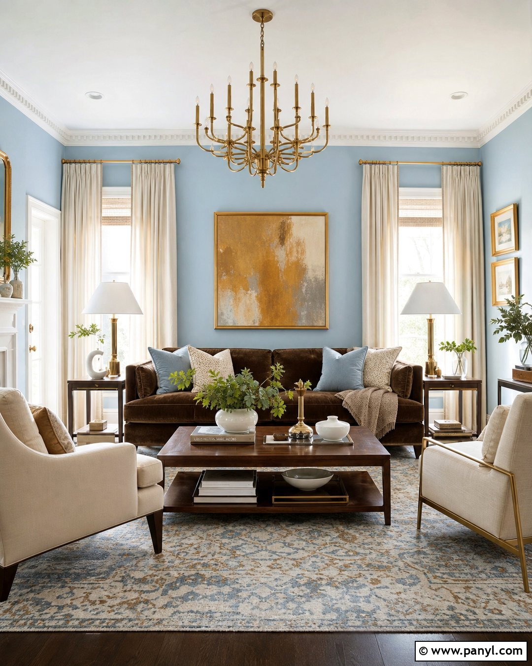 Light Blue Living Room With Brown Furniture And Gold Accents - 20 Light Blue Walls With Dark Brown Furniture Ideas