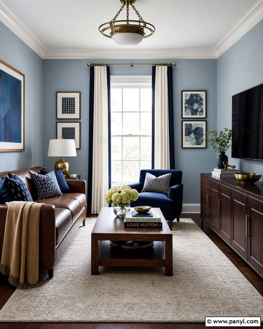 Light Blue Living Room With Brown Furniture And Navy Accents - 20 Light Blue Walls With Dark Brown Furniture Ideas
