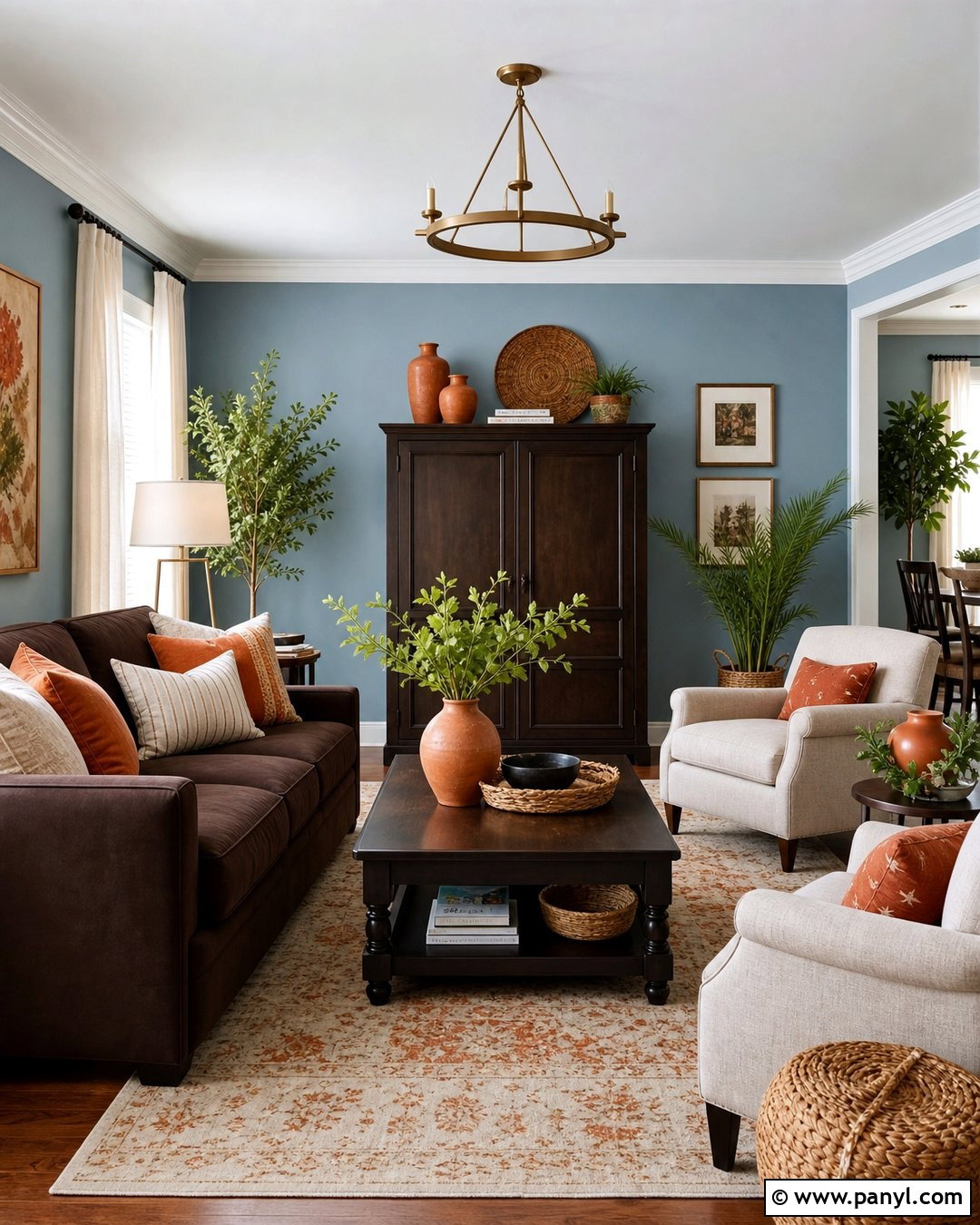Light Blue Living Room With Brown Furniture And Terracotta - 20 Light Blue Walls With Dark Brown Furniture Ideas
