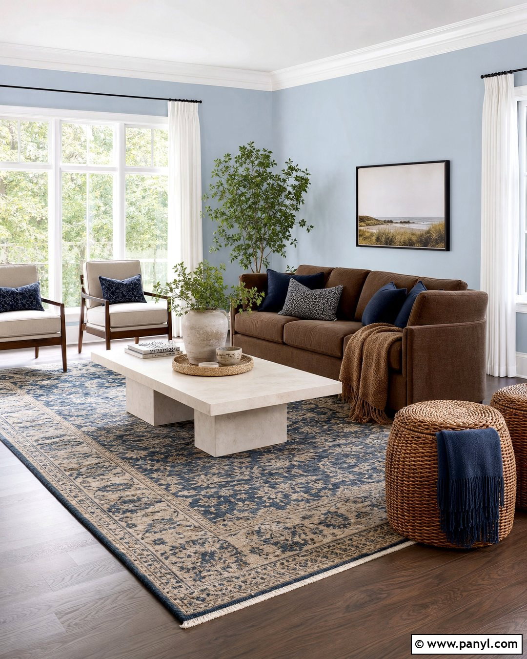 Light Blue Living Room With Brown Furniture And White Curtains - 20 Light Blue Walls With Dark Brown Furniture Ideas