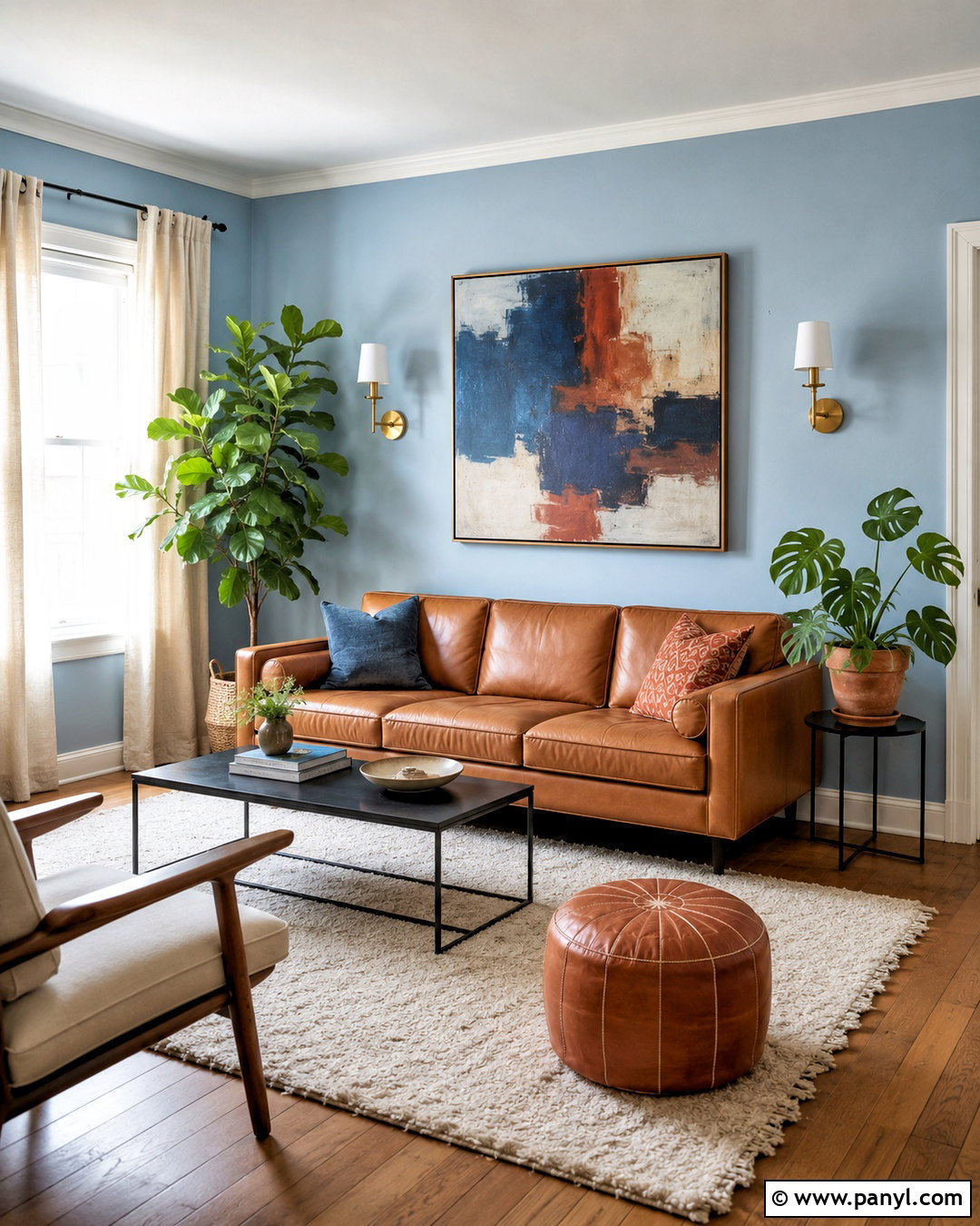 Light Blue Living Room With Camel Leather Furniture - 20 light blue walls brown furniture ideas