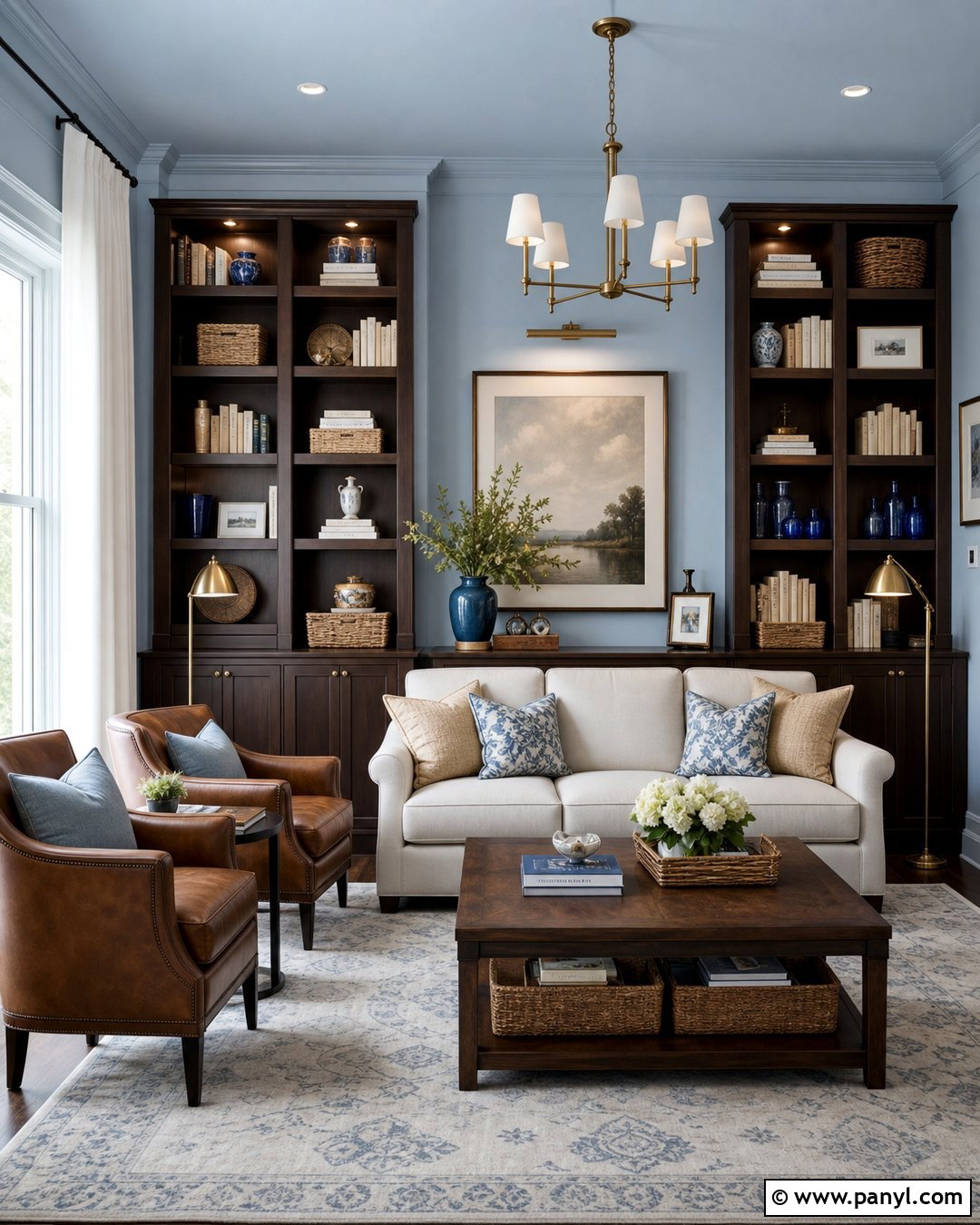 Light Blue Living Room With Dark Brown Built-In Shelves - 20 Light Blue Walls With Dark Brown Furniture Ideas