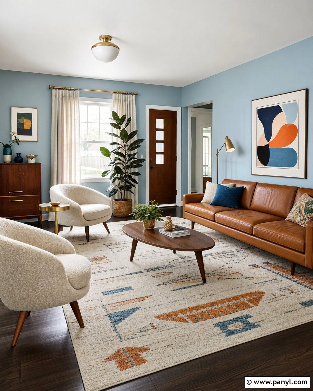 Light Blue Mid-Century Living Room With Dark Floors - 20 Light Blue Walls With Dark Floors