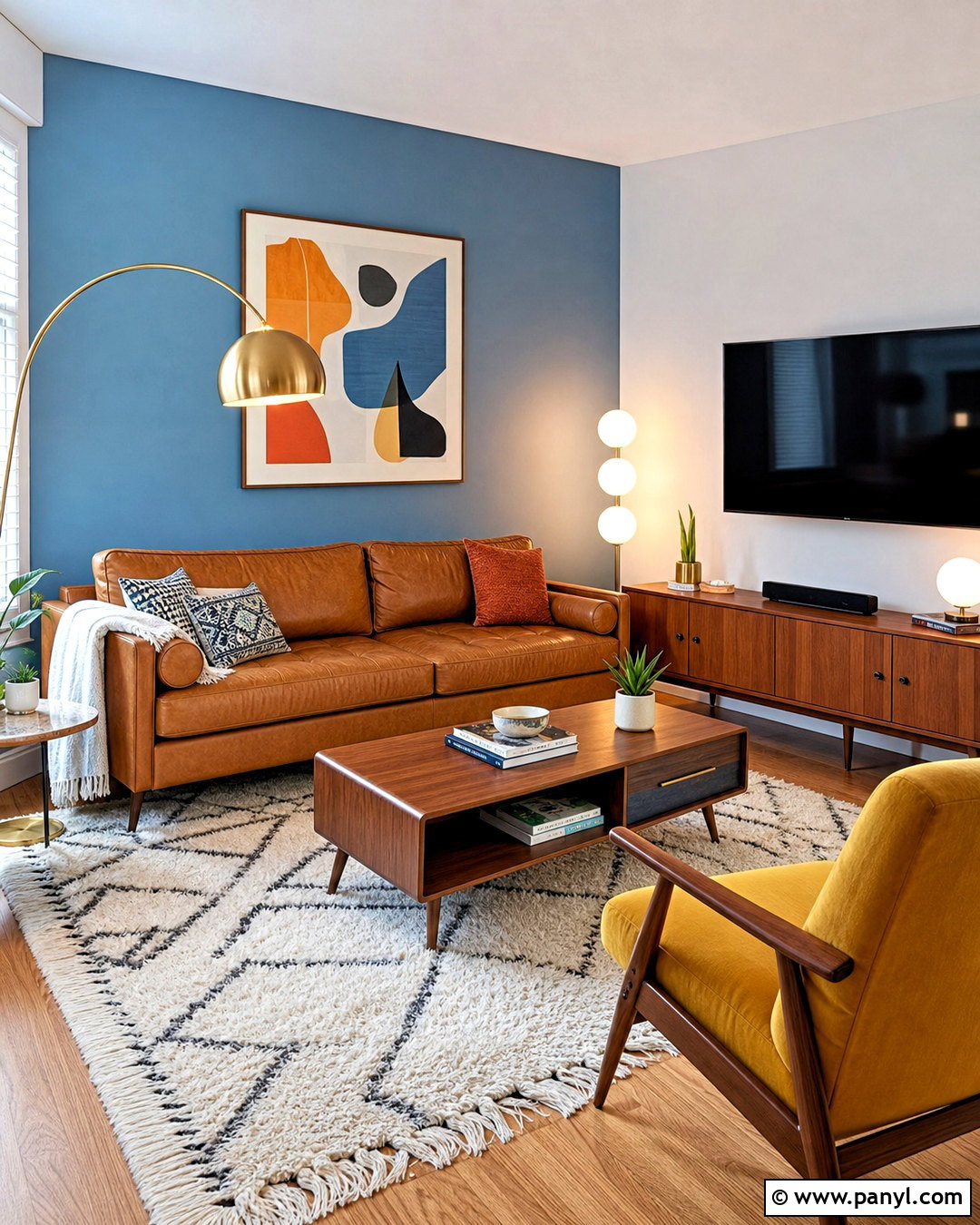Light Blue Midcentury Modern Living Room - 20 light blue accent wall living room ideas