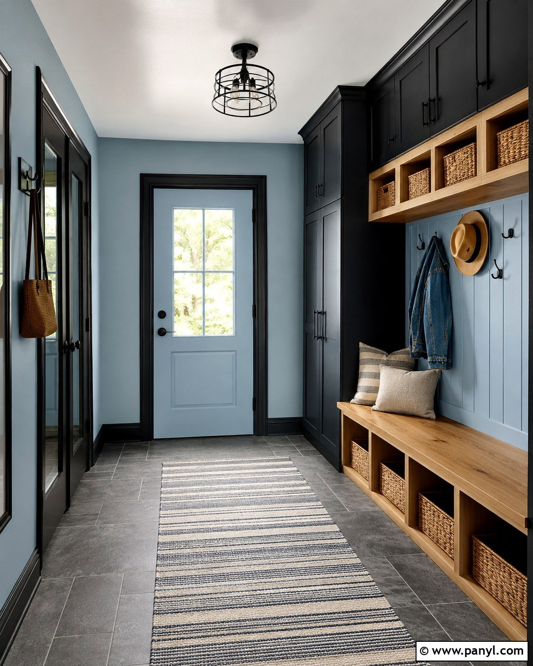 Light Blue Mudroom With Black Cabinet Trim - 20 Light Blue Walls With Black Trim Ideas