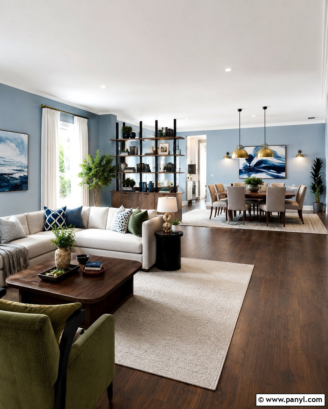 Light Blue Open Concept Room With Dark Floors - 20 Light Blue Walls Dark Wood Floor Ideas