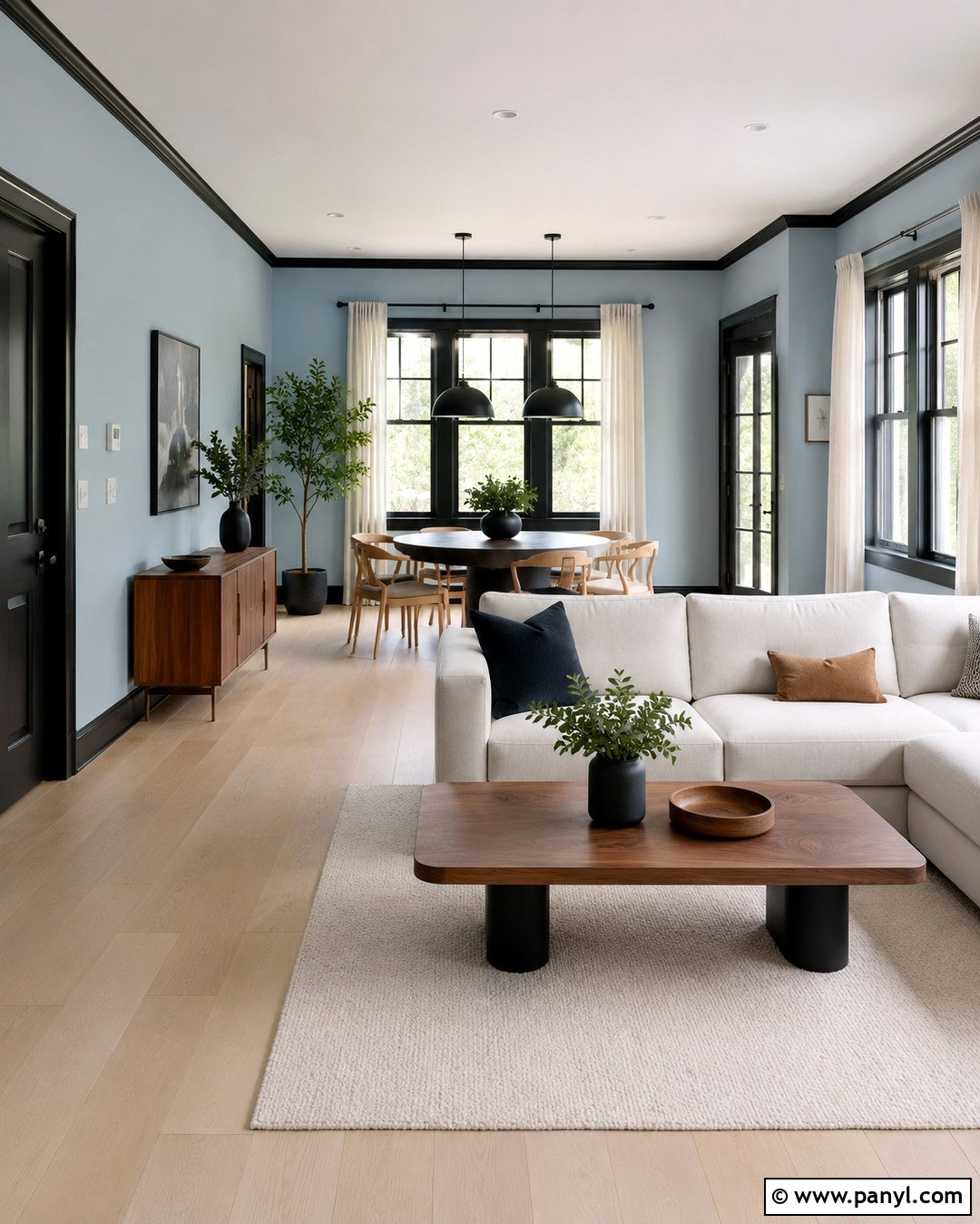 Light Blue Open Plan Room With Black Trim - 20 Light Blue Walls With Black Trim Ideas