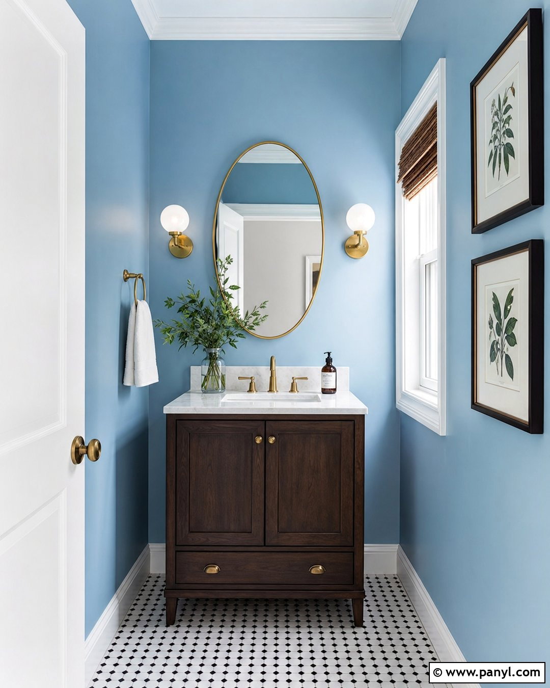 Light Blue Powder Room With Brass Fixtures - 35 Light Blue Wall Color Ideas