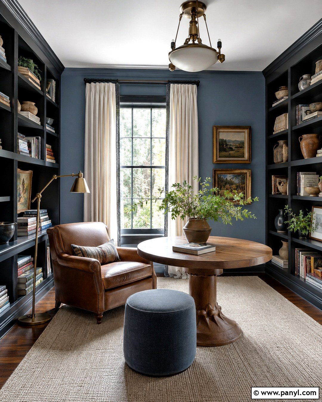 Light Blue Reading Room With Black Bookcase Trim - 20 Light Blue Walls With Black Trim Ideas